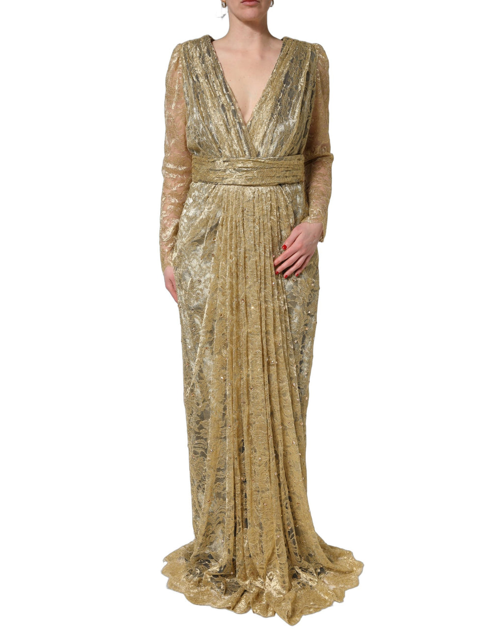 Robe en dentelle transparente dorée Dolce & Gabbana ornée de cristaux, élégante et sophistiquée, vue de face.