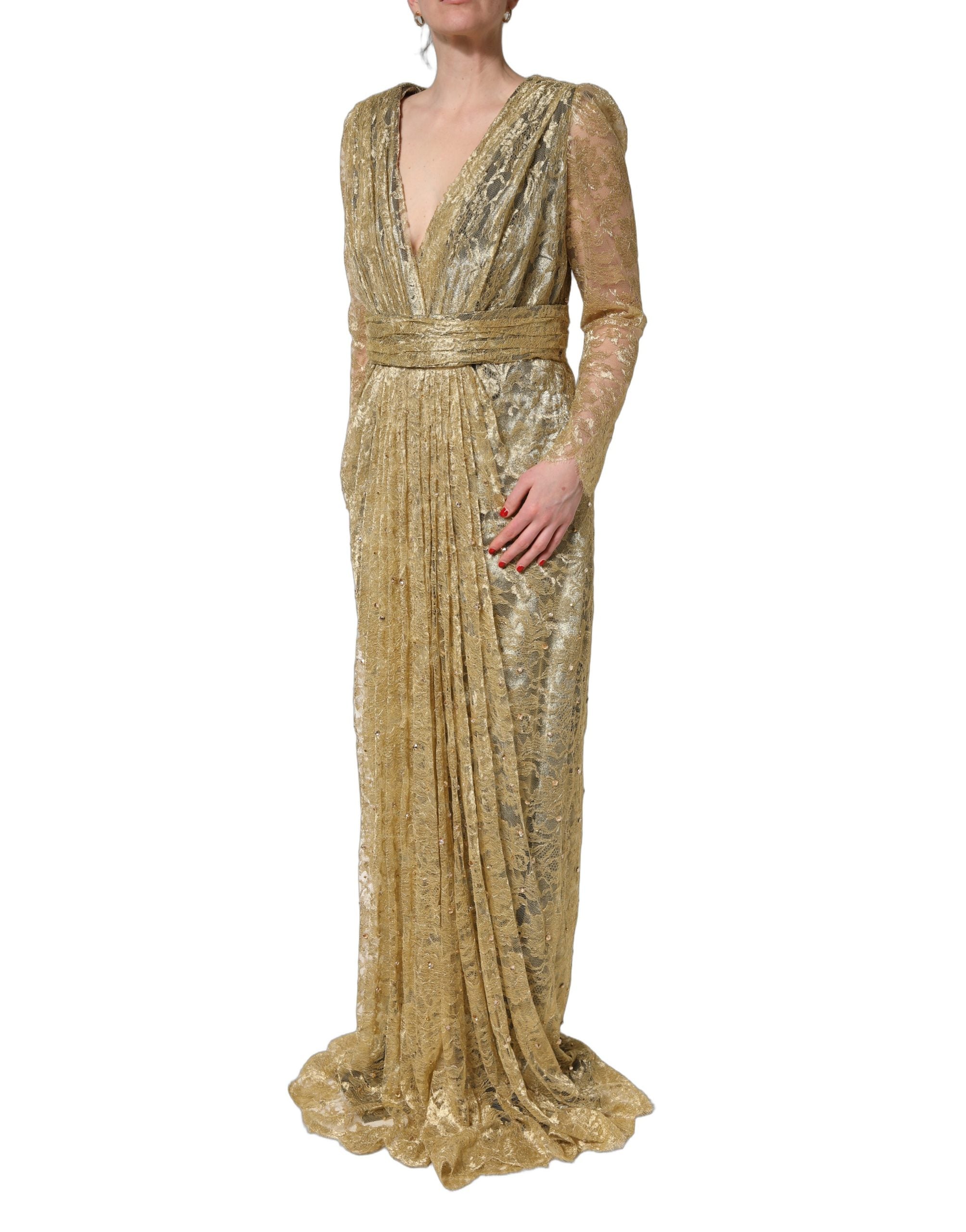 Robe en dentelle transparente dorée de Dolce & Gabbana ornée de cristaux scintillants, élégante et raffinée.