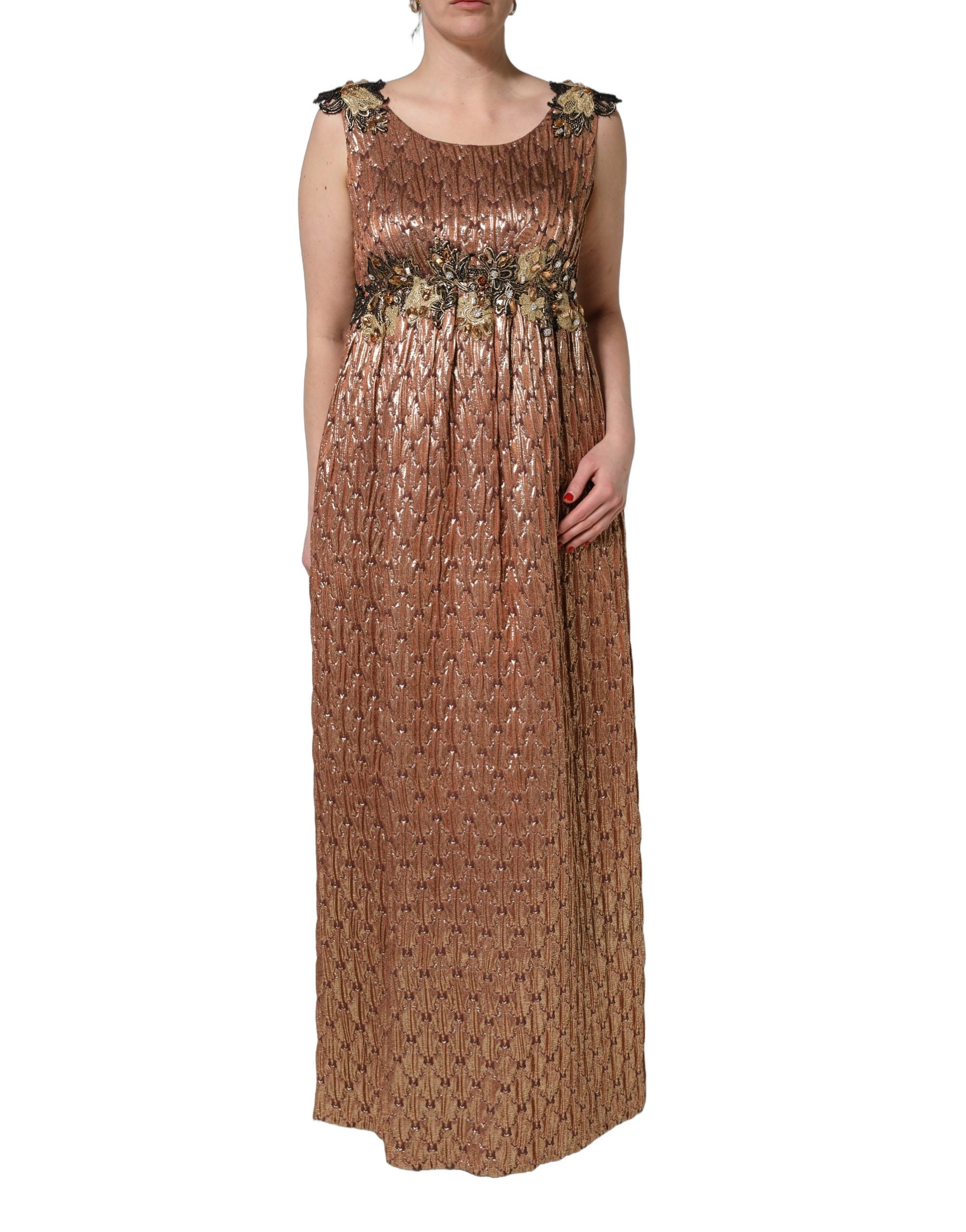 Robe de soirée en métal bronze avec cristaux, Dolce & Gabbana, élégante robe longue pour occasions spéciales.