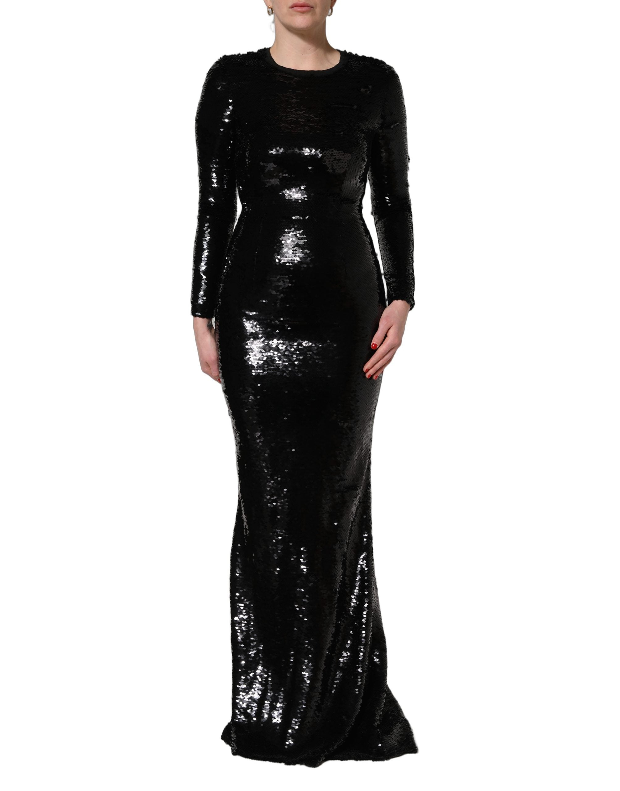 Robe sirène noire Dolce & Gabbana en sequins, robe moulante élégante et brillante avec décolleté profond.