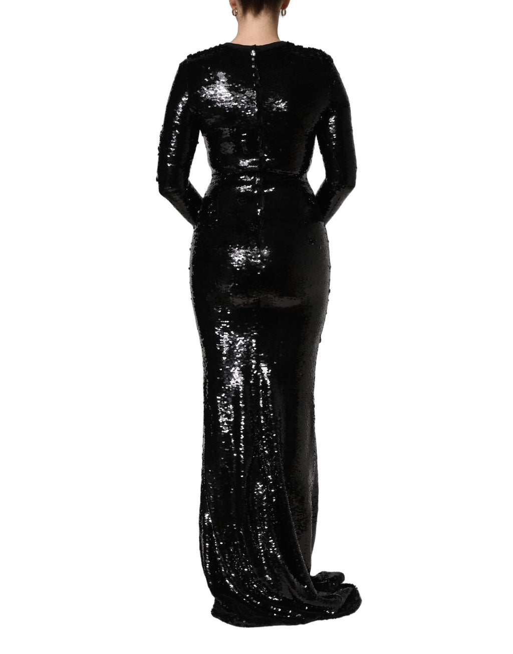 Robe sirène noire Dolce & Gabbana en sequins, robe moulante élégante avec décolleté plongeant et finition brillante.