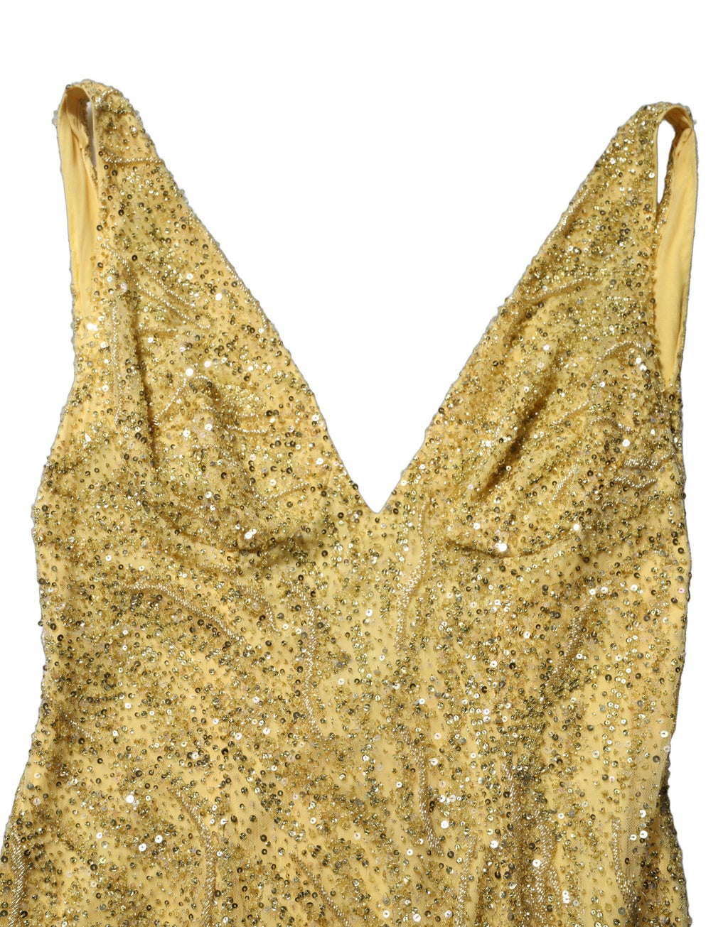 Robe de soirée sirène Dolce & Gabbana en sequins dorés avec décolleté en V. Longue robe élégante et brillante.