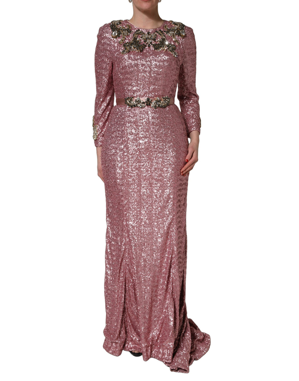 Robe de soirée Dolce & Gabbana rose ornée de sequins scintillants et de détails embellis, élégante et sophistiquée.