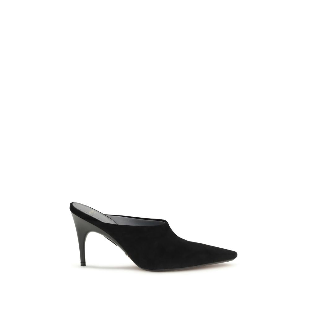 Mules en cuir suédé noir de Balenciaga, chaussures élégantes pour femmes, vues de profil sur fond neutre.