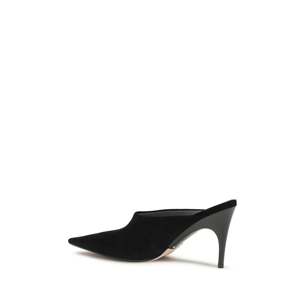 Mules en cuir suédé noir Balenciaga, élégantes chaussures à talon avec bride, vues de face sur fond neutre.