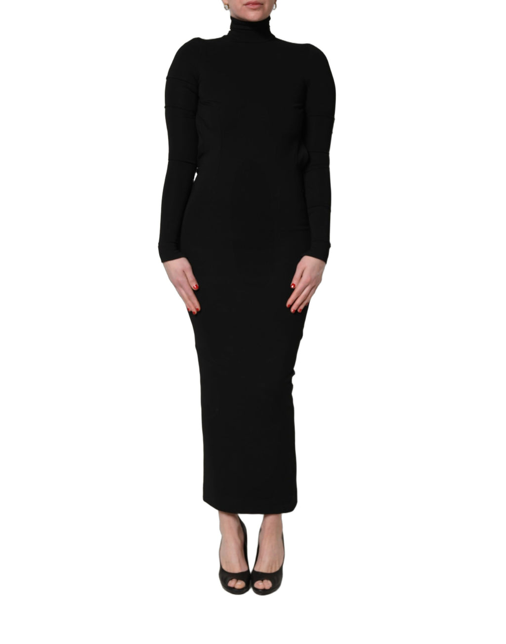 Robe longue noire Dolce & Gabbana en viscose à manches longues façon robe fourreau, élégante et sophistiquée.