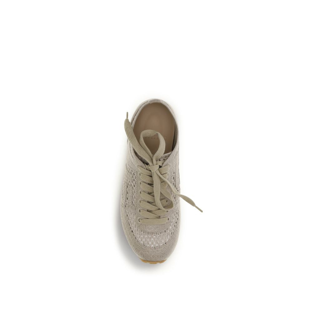 Chaussures de sport Balmain beige en coton avec semelles blanches, look sportif et élégant pour homme ou femme.