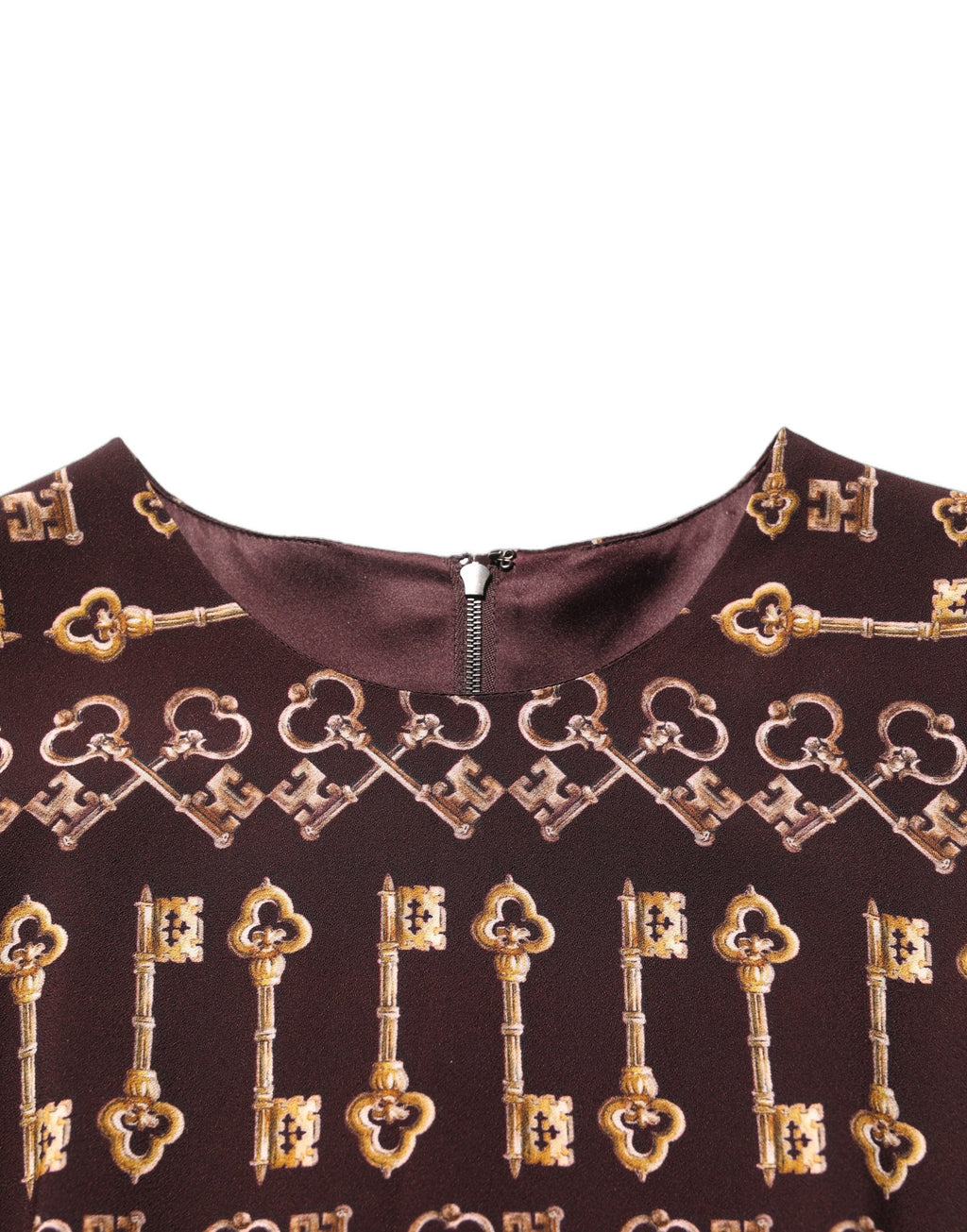 Robe droite marron Dolce & Gabbana Keys, longueur genou, ajustée, en tissu élégant, vue de face.