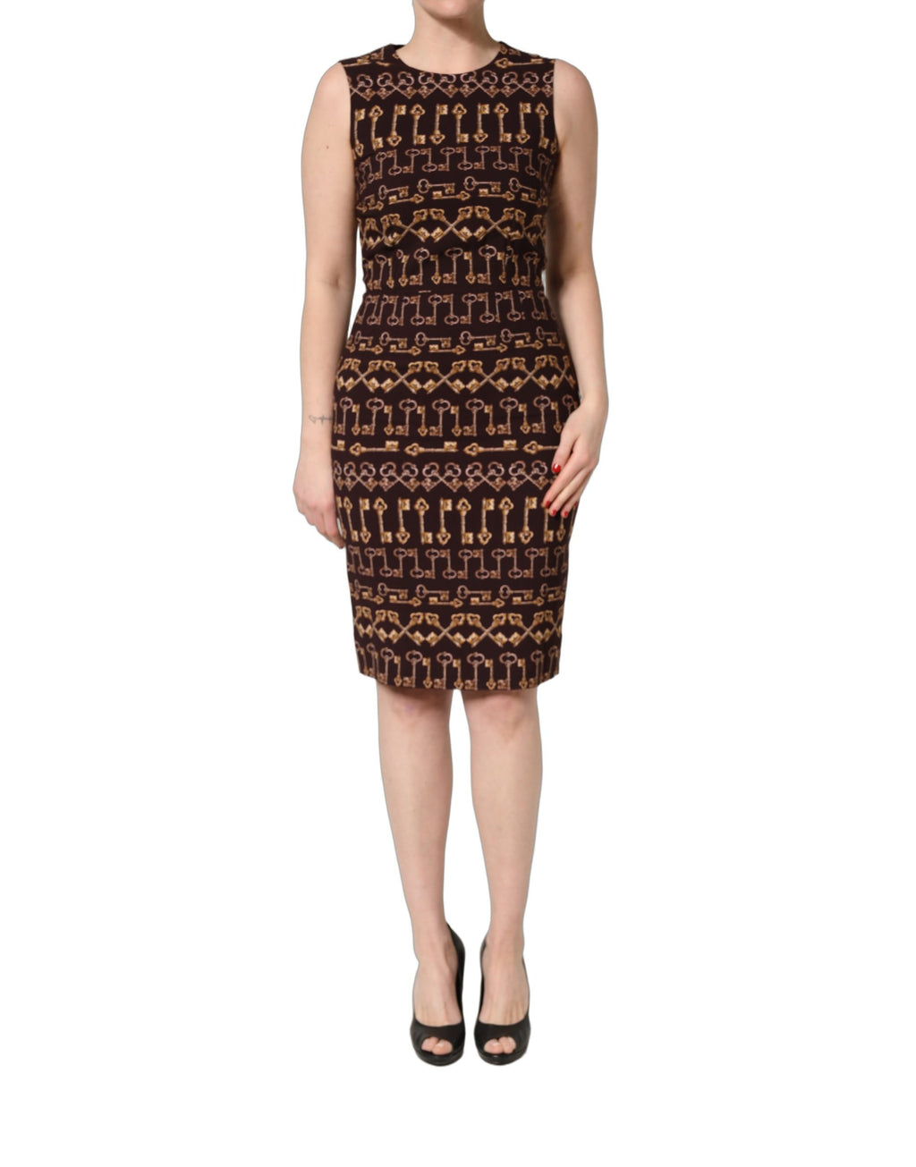 Robe droite marron Dolce & Gabbana Keys Fitted, longueur genou, tissu élégante, mise en valeur de la silhouette.