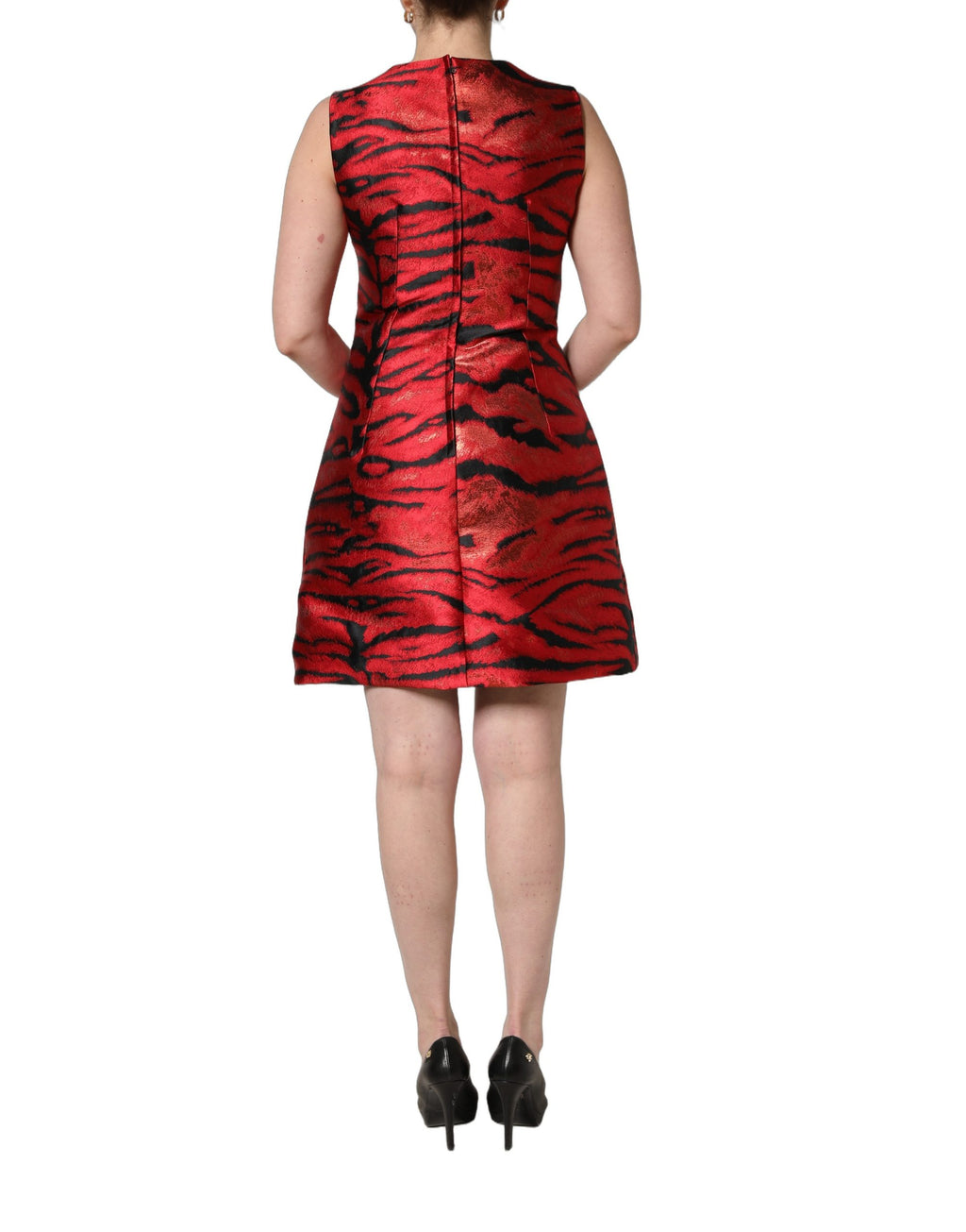 Robe évasée en jacquard à motif tigre rouge et noir de Dolce & Gabbana, vêtements de luxe pour femme.