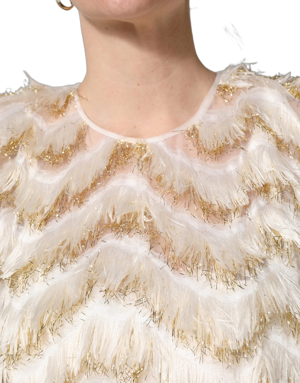 Robe midi blanche Dolce & Gabbana à franges superposées, style décontracté et élégant, vue de face.