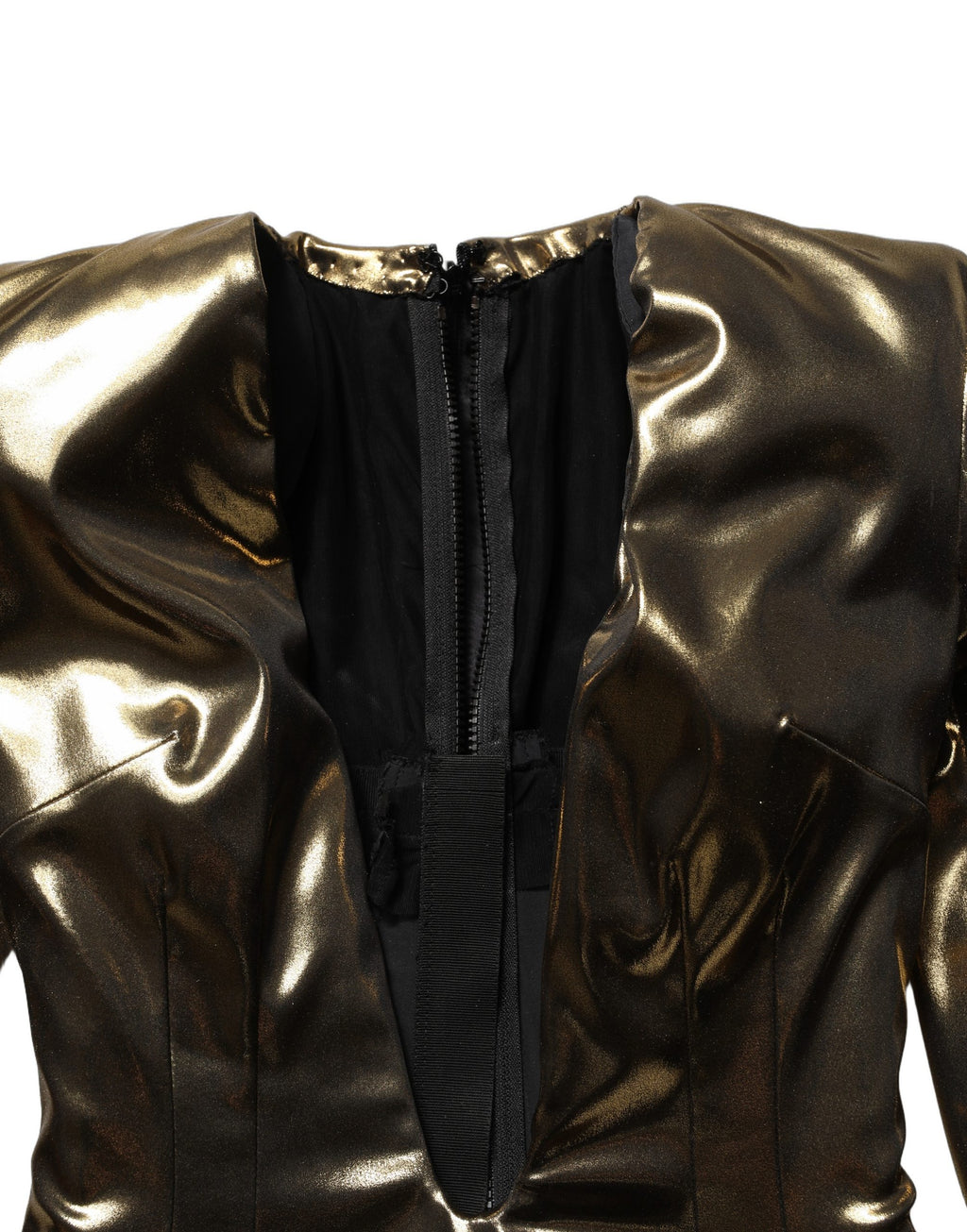 Robe courte Dolce & Gabbana dorée à décolleté plongeant, style robe sirène, en tissu brillant et élégant.