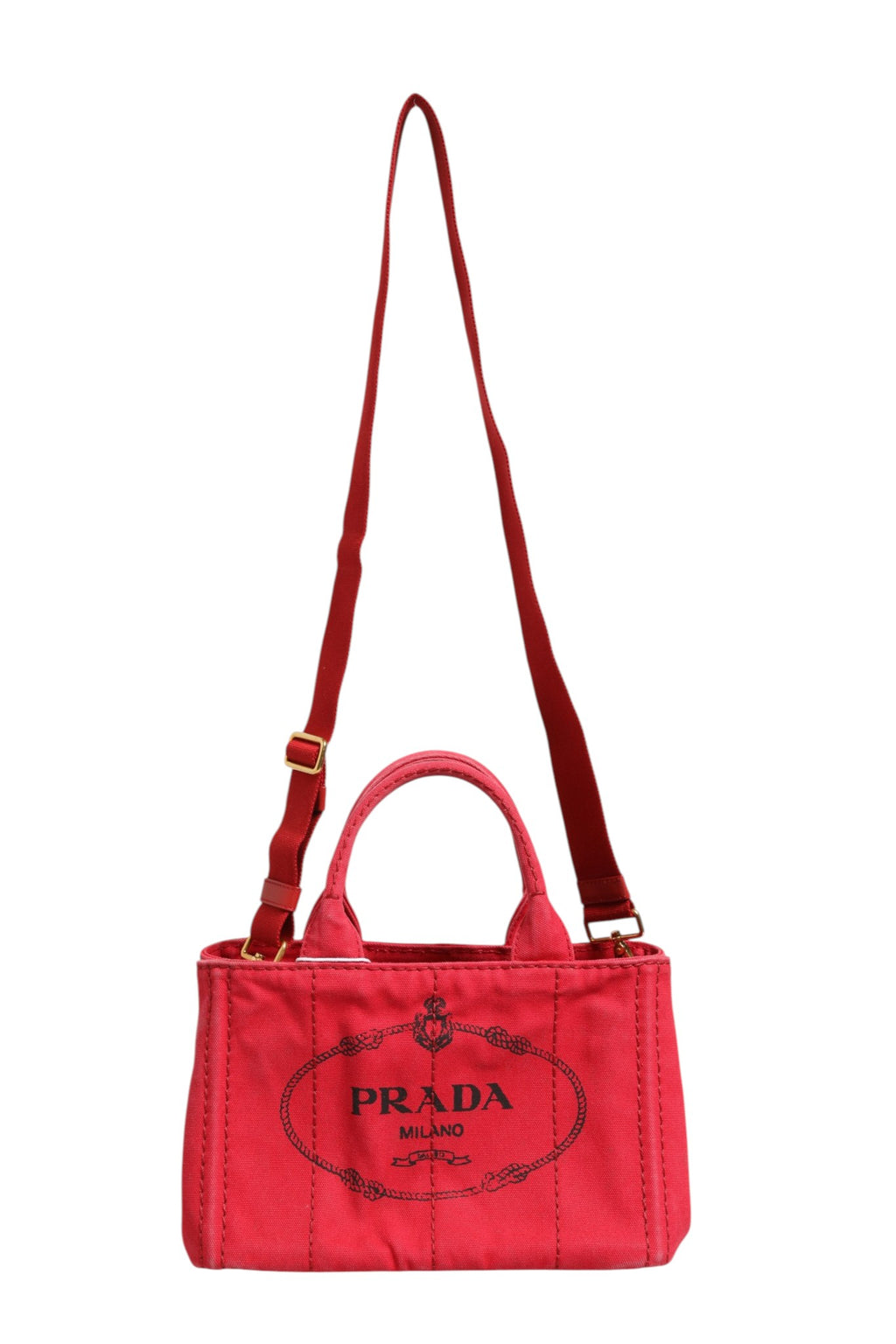 Sac Prada Canapa Mini en toile de coton naturel, avec poignées et logo Prada visible, style élégant et compact.