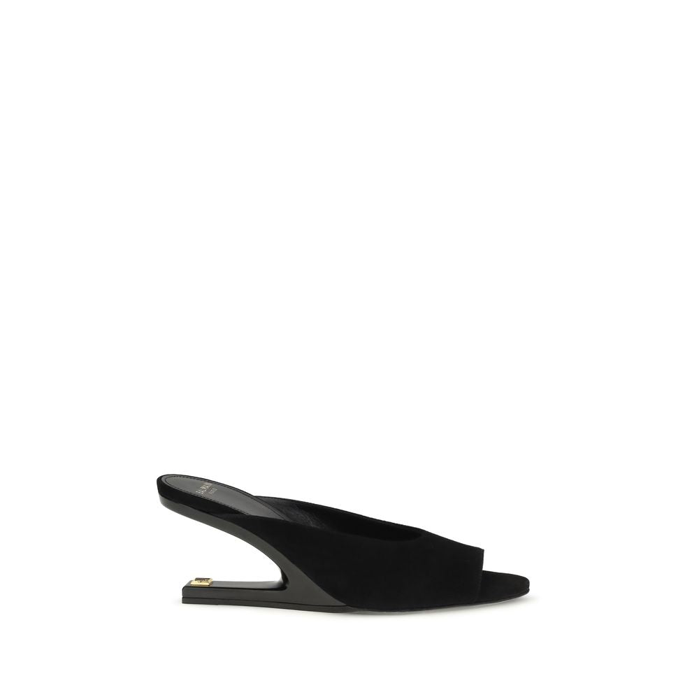 Mules en cuir de chèvre noir Balmain, élégantes chaussures à talon avec design sophistiqué, vue de face.