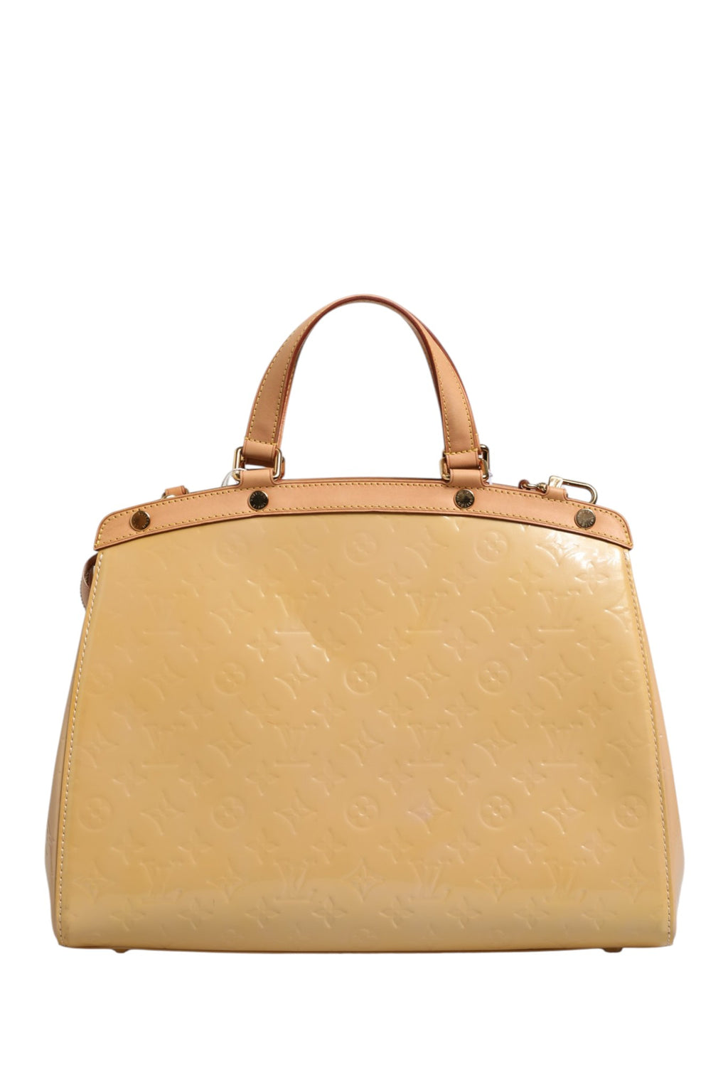 Sac Louis Vuitton Monogram Vernis Brea MM beige poudre avec monogramme vernis brillant, vue de face.