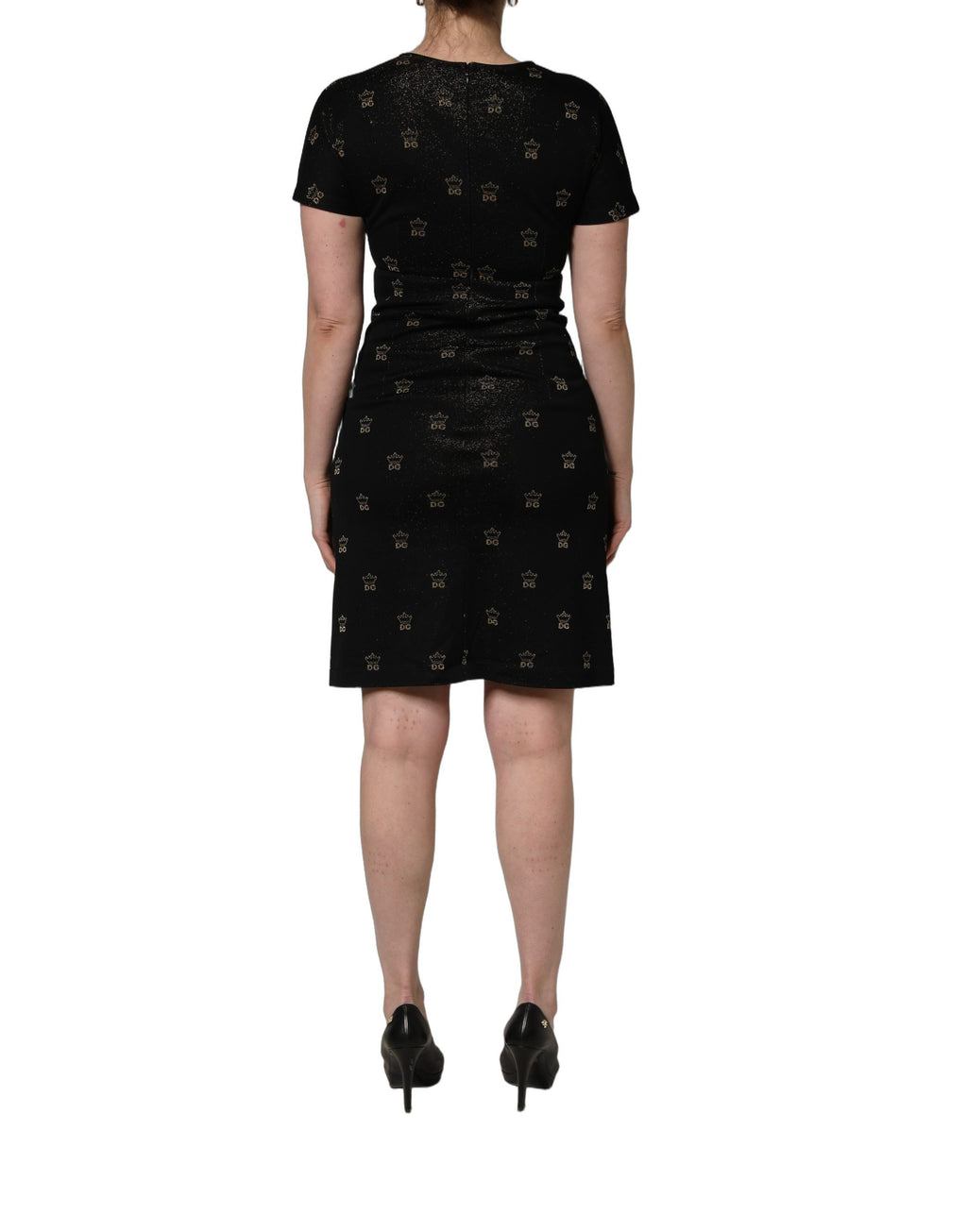 Robe courte noire Dolce & Gabbana DG Crown à manches courtes, coupe ajustée et élégante, en tissu fluide.