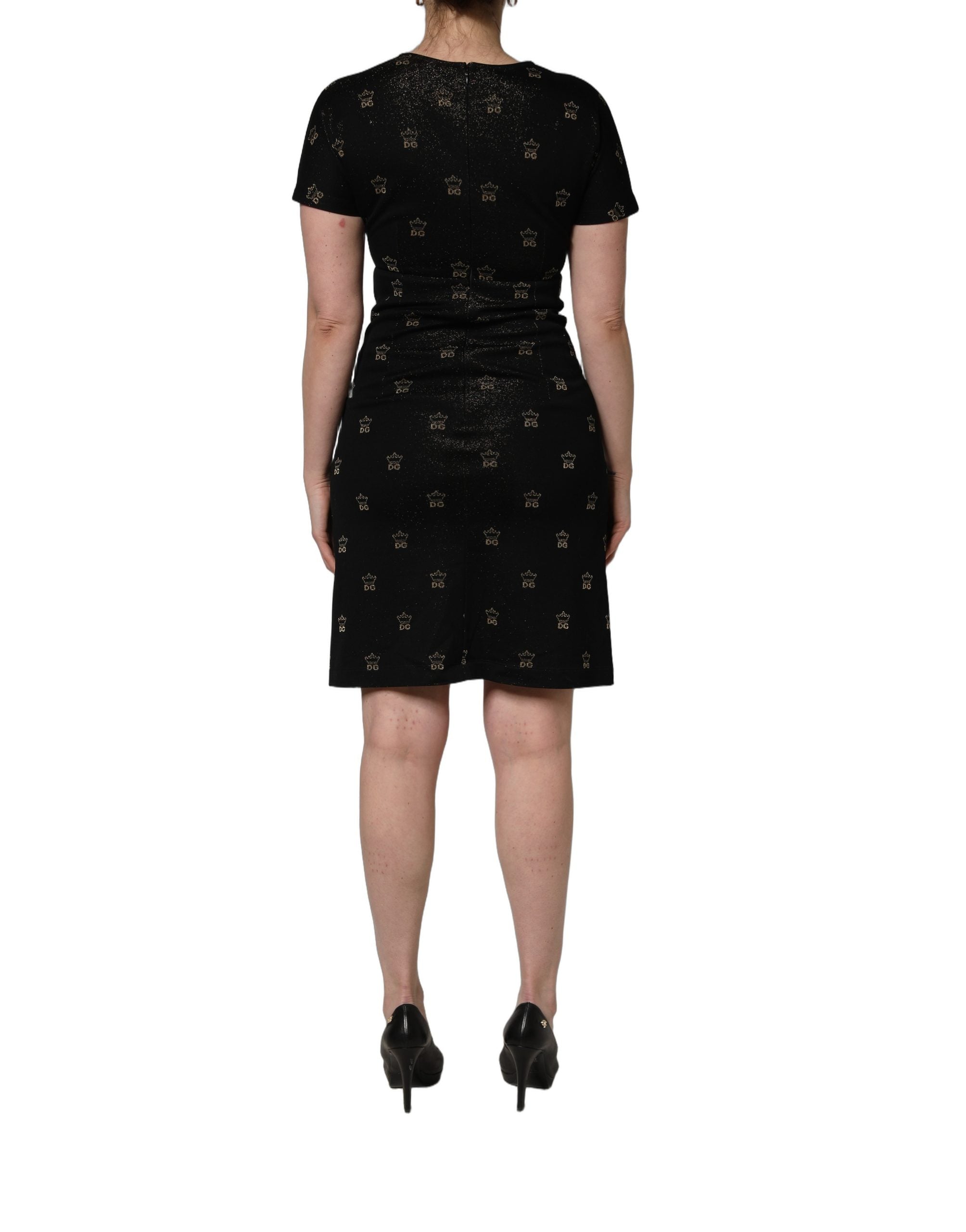 Robe courte noire Dolce & Gabbana DG Crown à manches courtes, coupe ajustée et élégante, en tissu fluide.