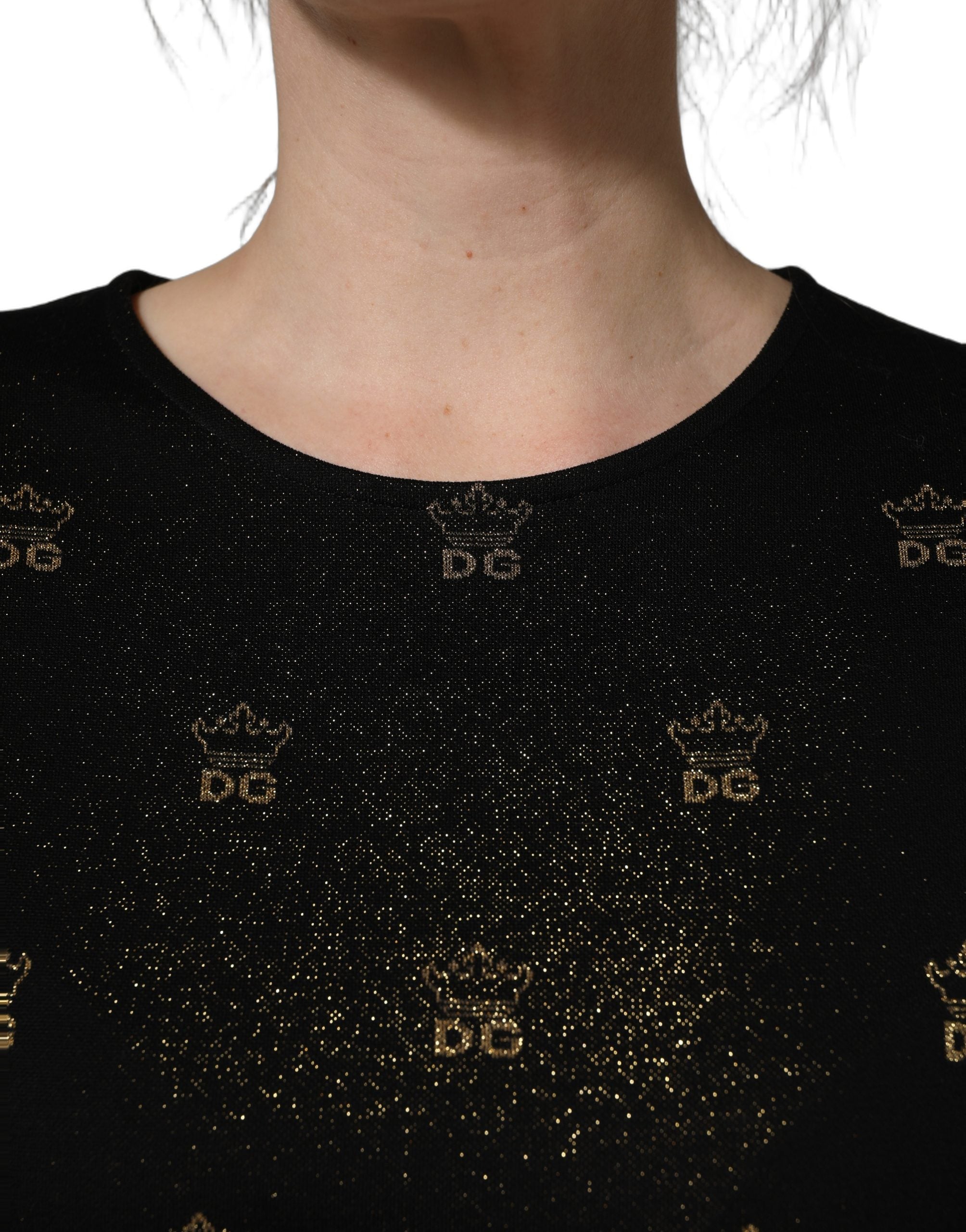 Robe courte noire Dolce & Gabbana DG Crown à manches courtes, coupe droite et élégante, idéale pour une tenue sophistiquée.