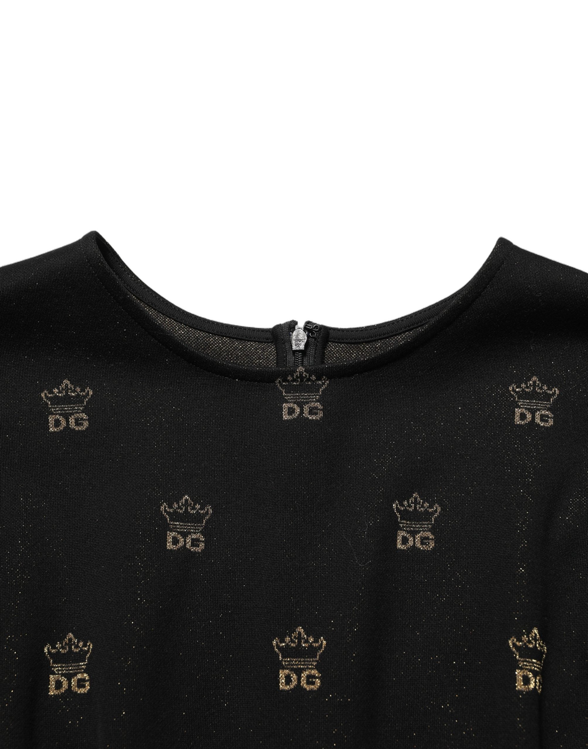 Robe courte noire Dolce & Gabbana DG Crown avec manches courtes, coupe ajustée et détails élégants, vue de face.