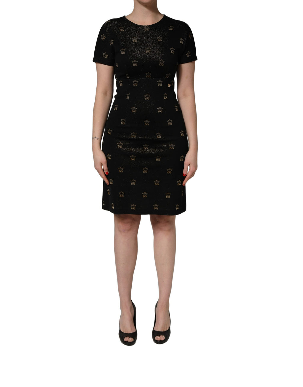 Robe courte noire Dolce & Gabbana DG Crown à manches courtes et coupe ajustée, élégante et sophistiquée.