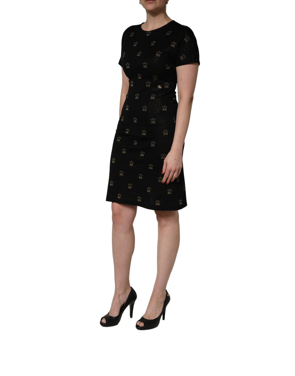 Robe courte noire Dolce & Gabbana DG Crown à manches courtes, robe moulante élégante avec motif de couronne.