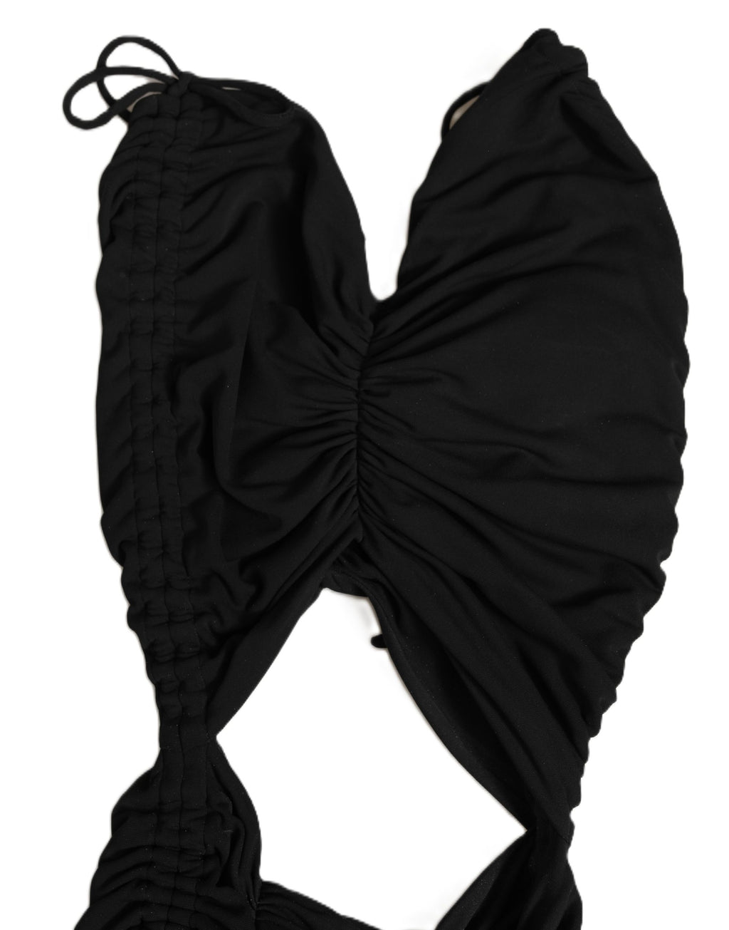 Robe noire en jersey Dolce & Gabbana, longueur calf, coupe coupée et drapée avec détails froncés et découpes élégantes.