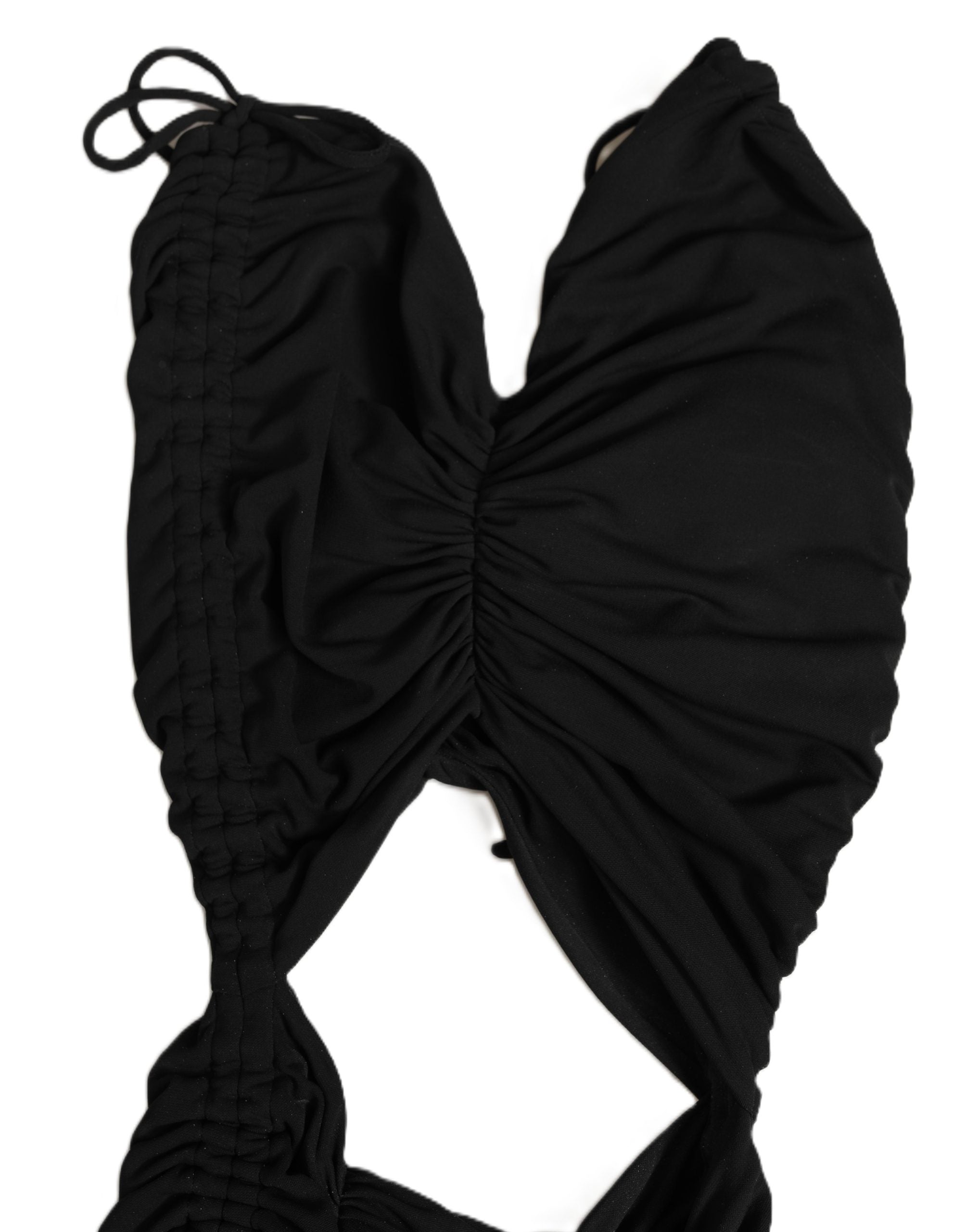 Robe noire en jersey Dolce & Gabbana, longueur calf, coupe coupée et drapée avec détails froncés et découpes élégantes.