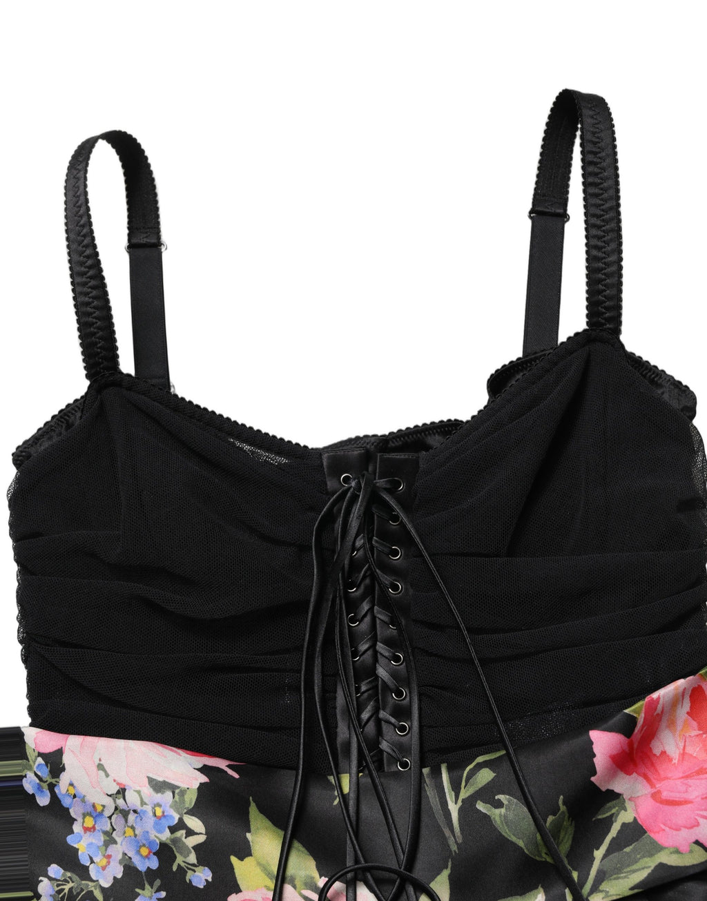 Robe bustier sans manches Dolce & Gabbana noire à fleurs, avec jupe à plusieurs couches, style élégant et floral.