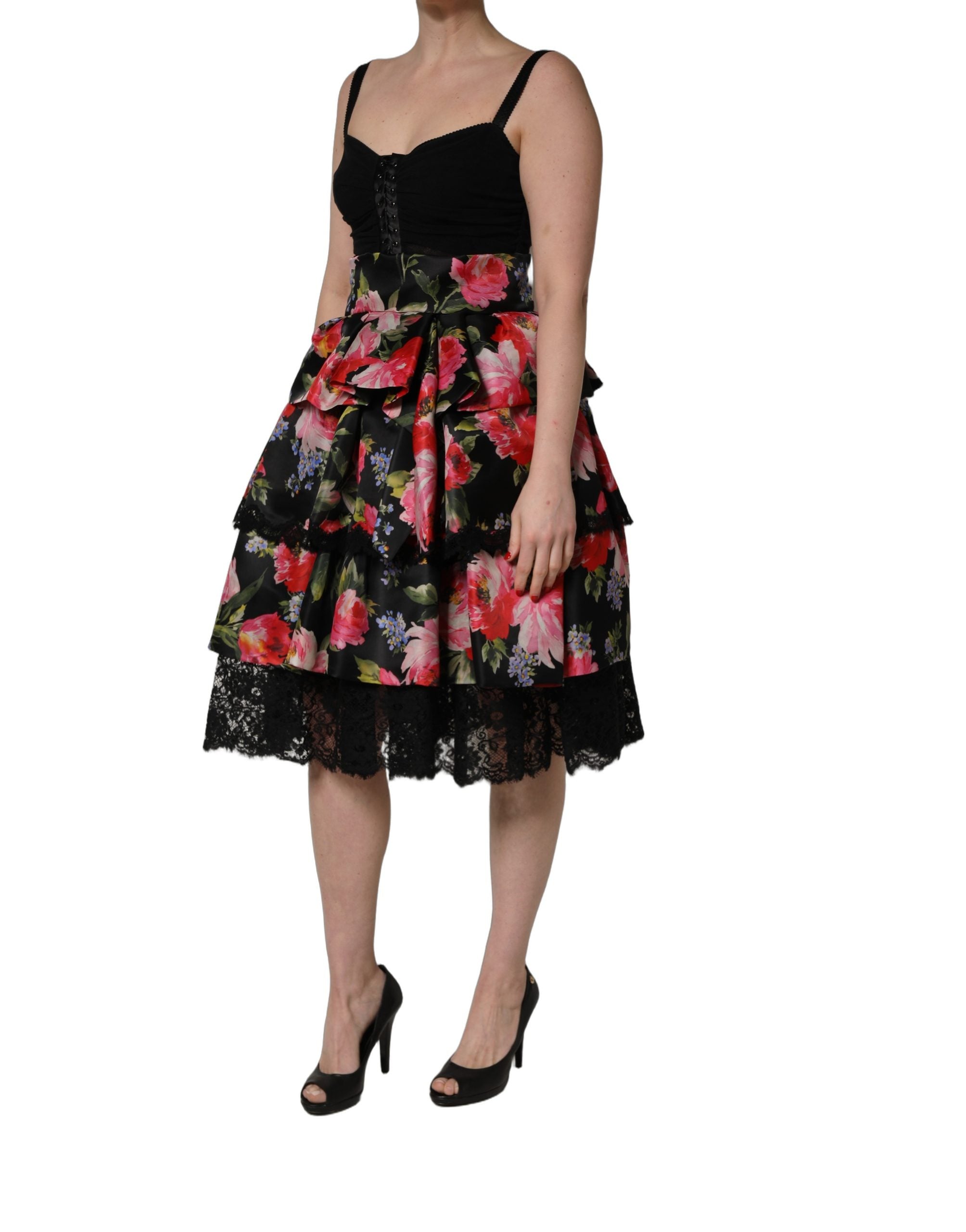 Robe bustier sans manches Dolce & Gabbana noire avec imprimé floral et jupe à plusieurs couches.