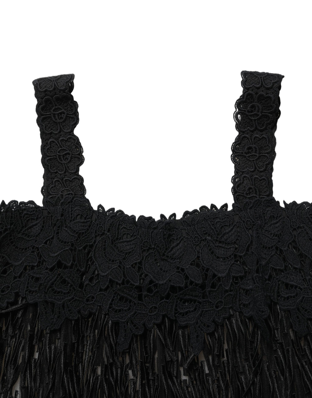 Robe courte sans manches Dolce & Gabbana en viscose noire avec franges, style élégant et moderne.