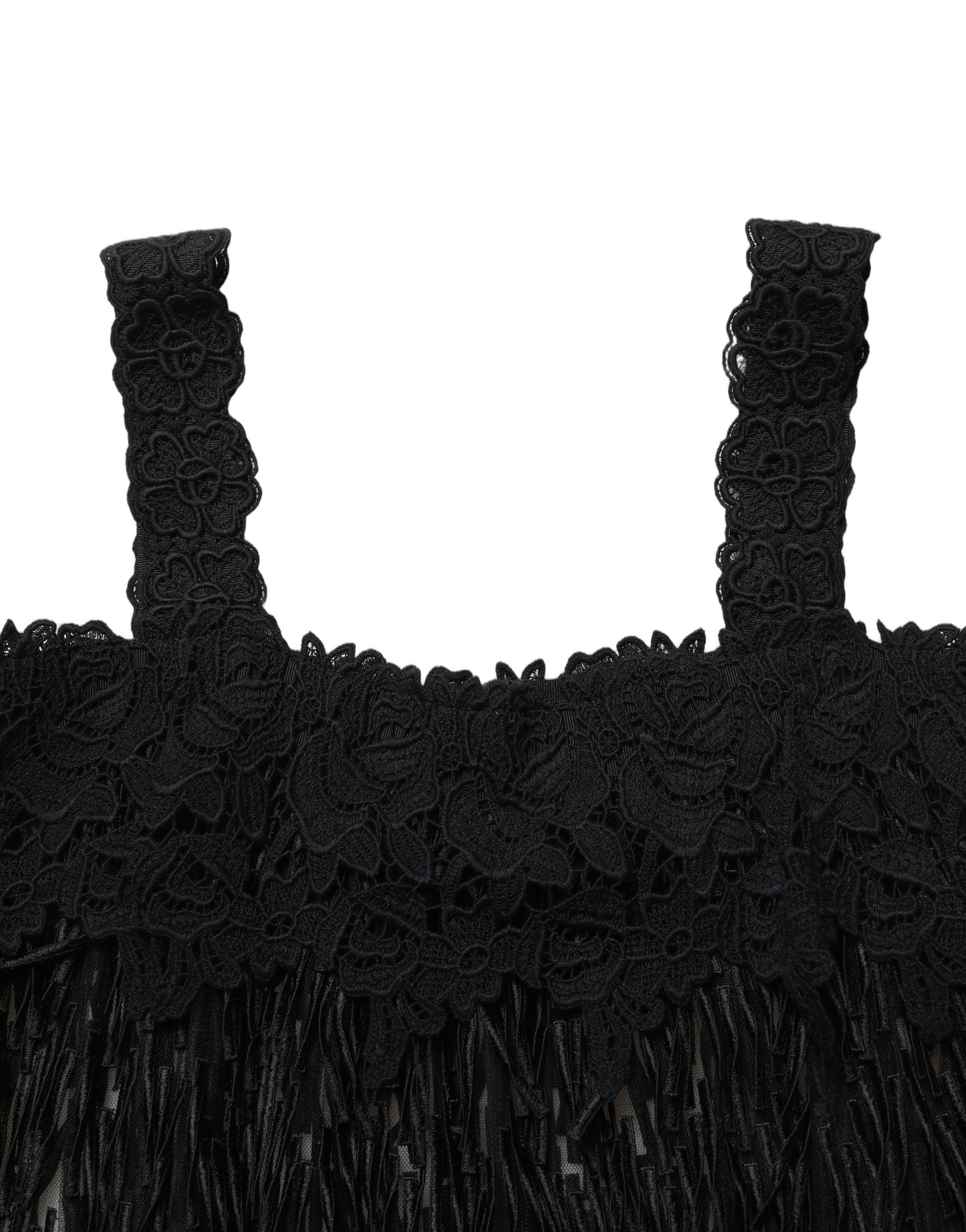 Robe courte sans manches Dolce & Gabbana en viscose noire avec franges, style élégant et moderne.