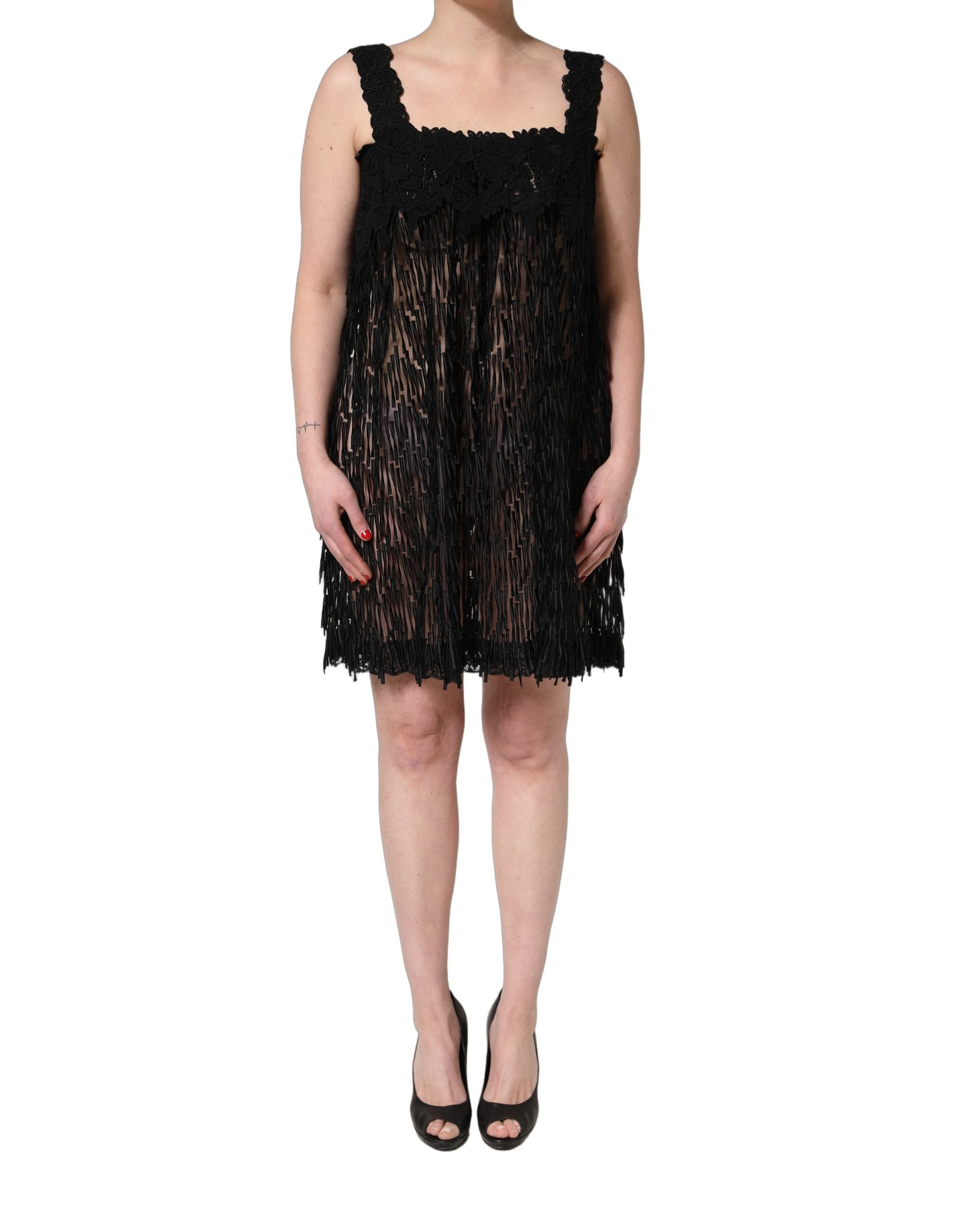 Robe courte sans manches en viscose noire Dolce & Gabbana avec franges, style élégant et moderne, vue de face.