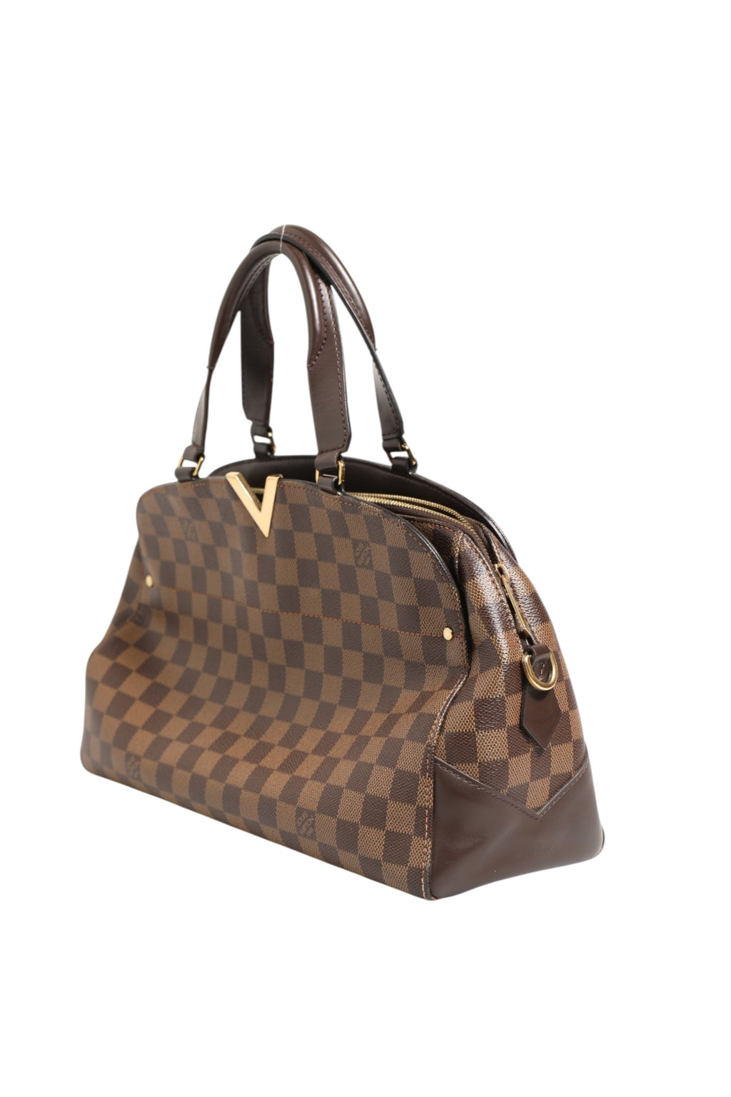 Sac de bowling Louis Vuitton Damier Ebene Kensington avec motif carré, poignée en cuir et détails en métal visible sur l'image.