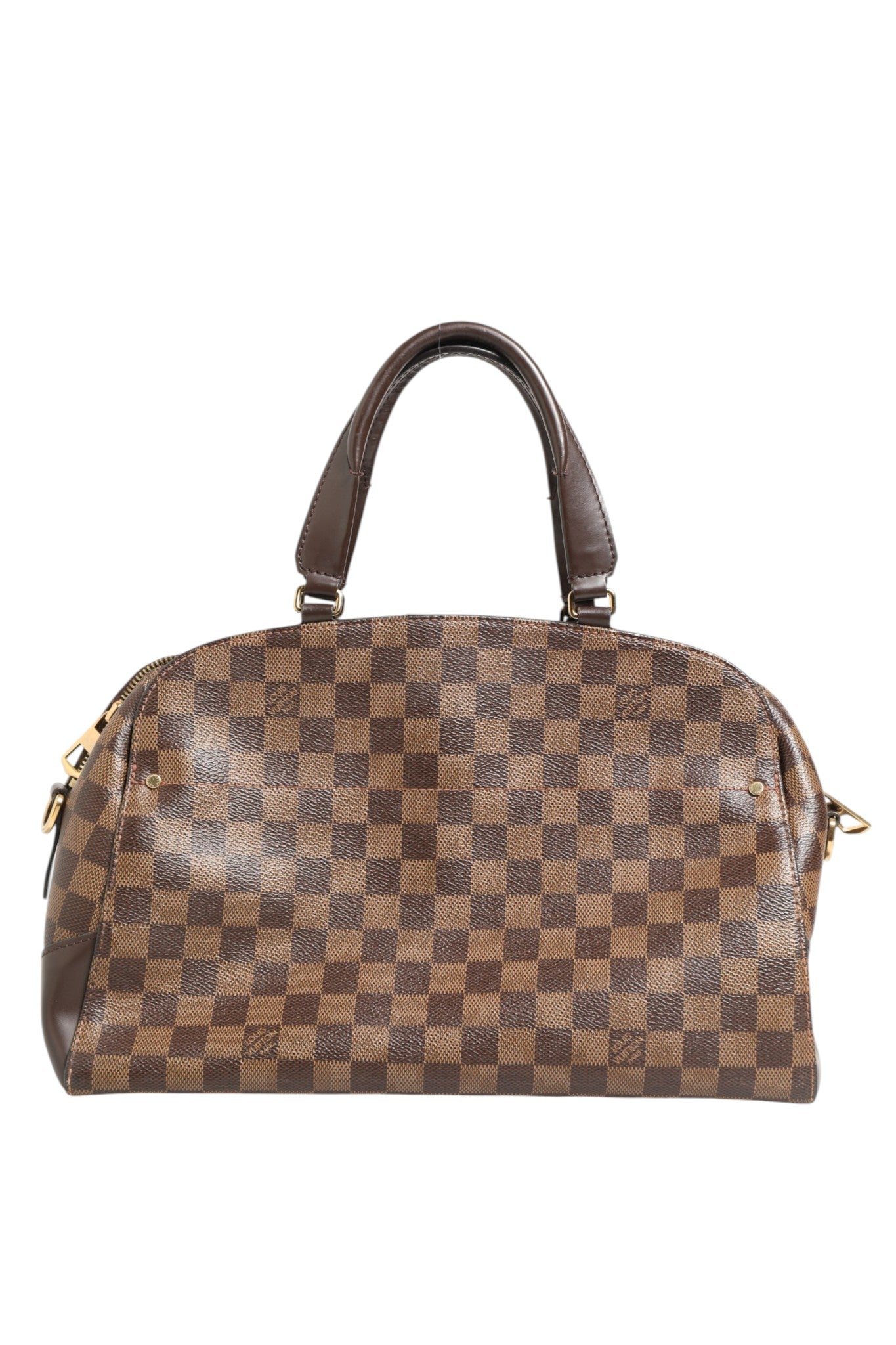 Sac bowling Louis Vuitton Damier Ebene Kensington avec poignées en cuir et détails en toile à motif damier brun foncé.