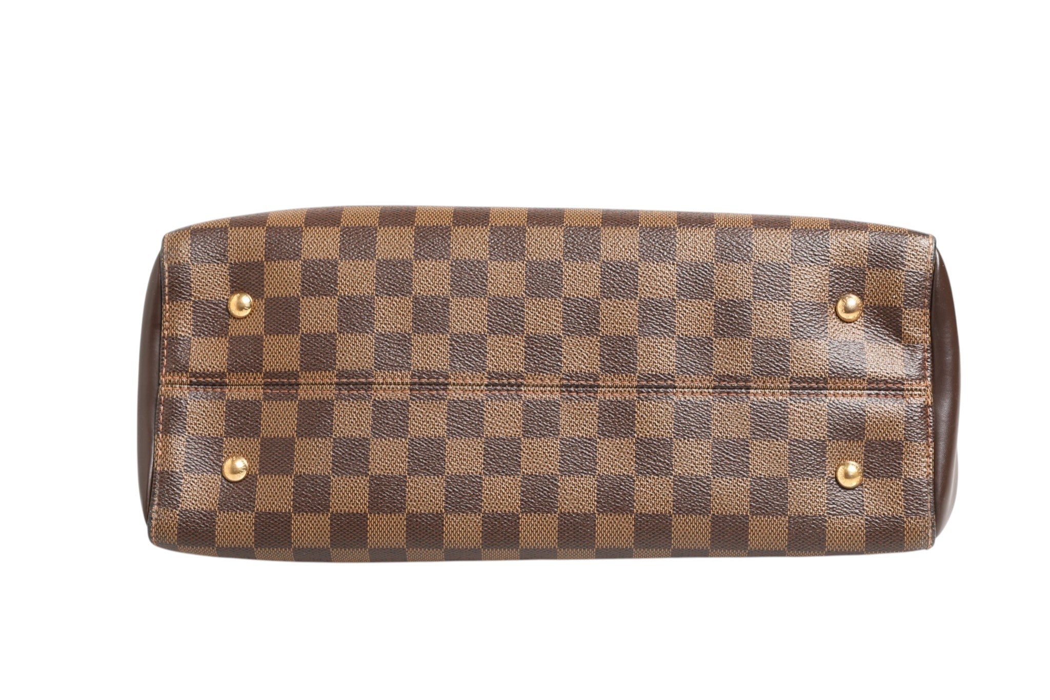 Sac Louis Vuitton Kensington Bowling en toile Damier Ebene, avec poignées en cuir et fermeture métallique visible.