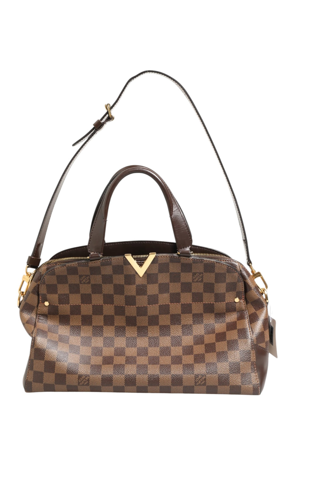 Sac bowling Louis Vuitton Damier Ebene Kensington avec motifs en damier, poignée en cuir et détails élégants.