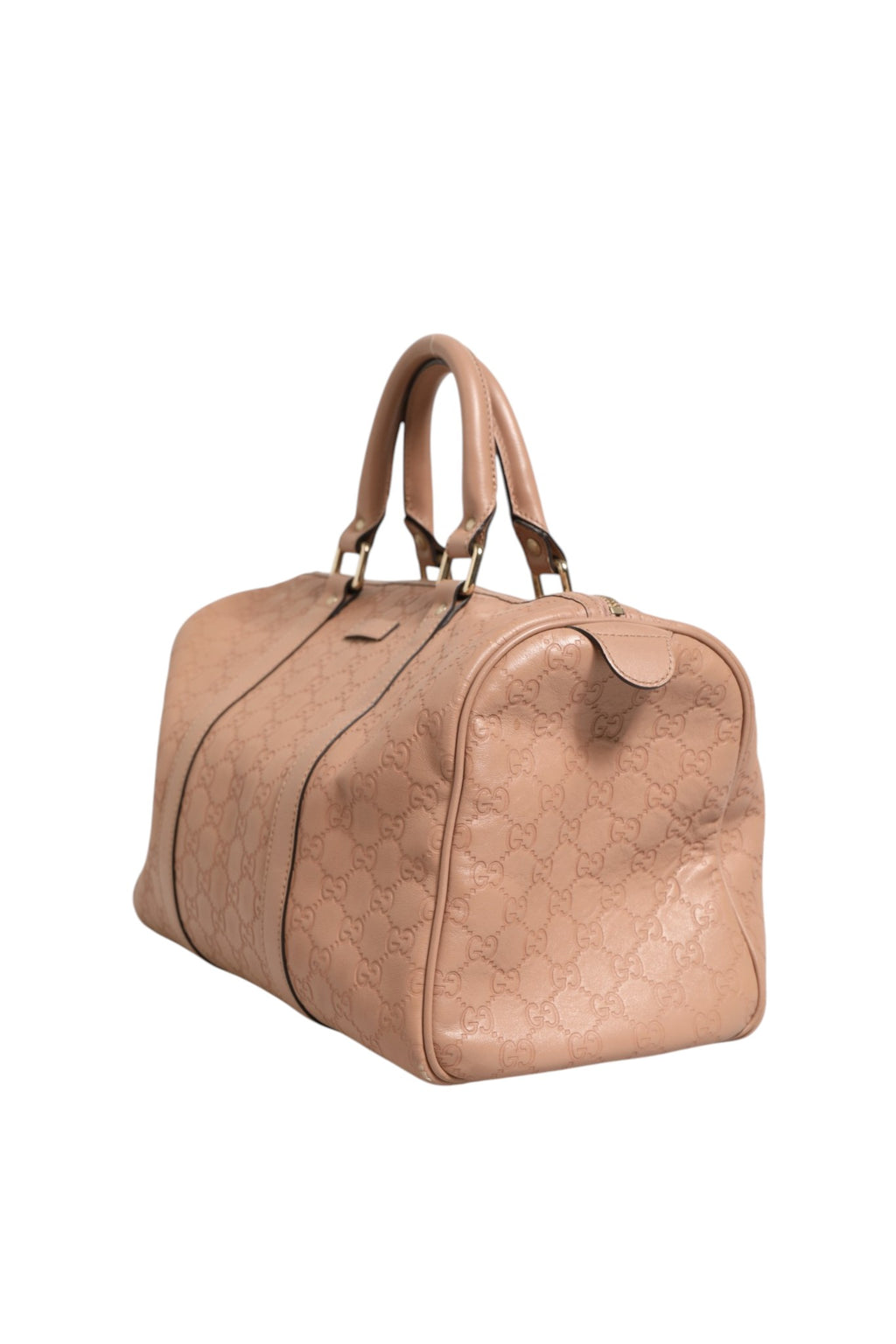 Sac à main Gucci Joy Boston en cuir noir avec détails en or, poche extérieure et poignées en cuir, vue de face.