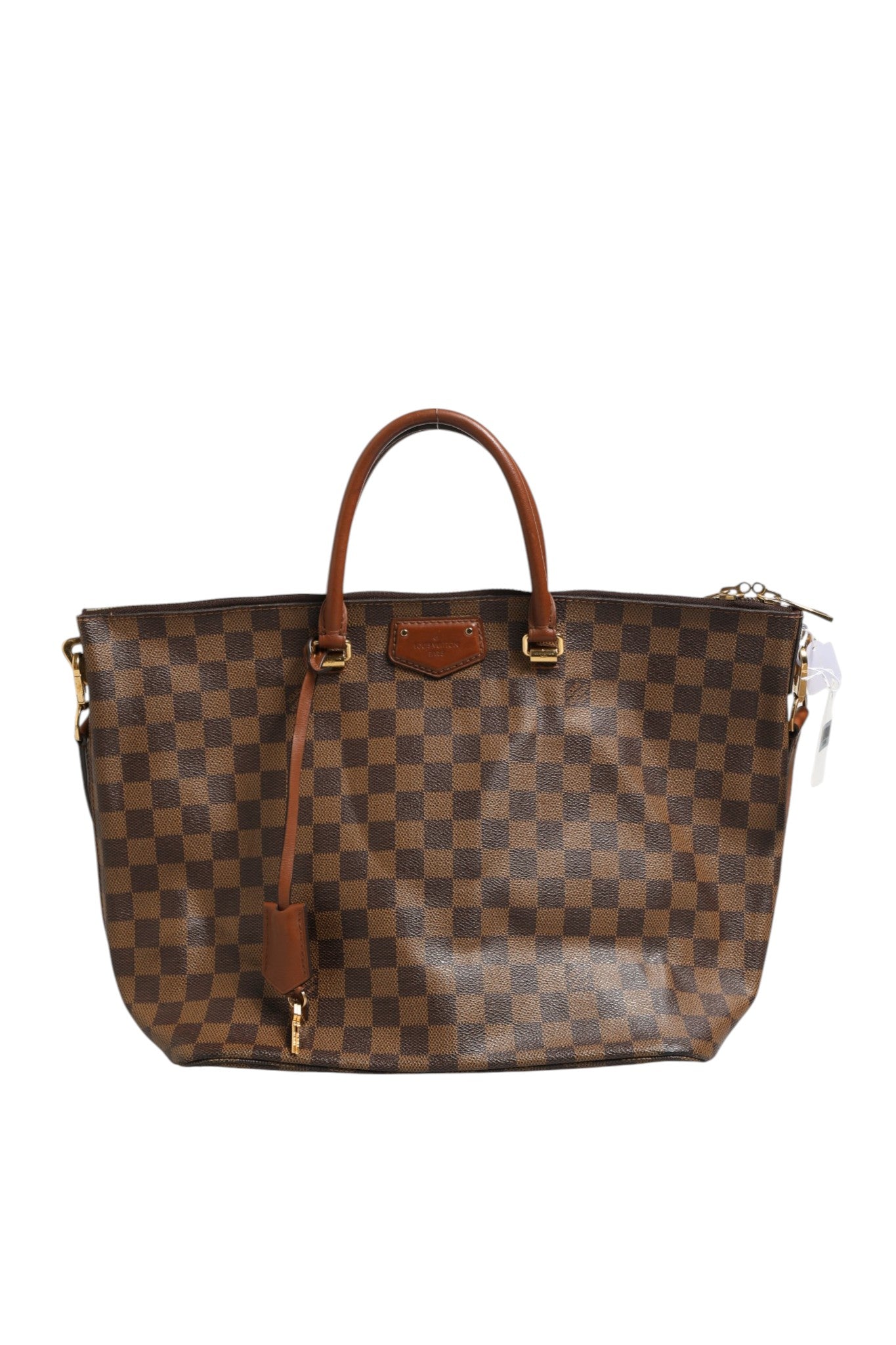 Sac tote Louis Vuitton Damier Ebene Belmont en toile à motif check, avec poignées en cuir et design élégant.
