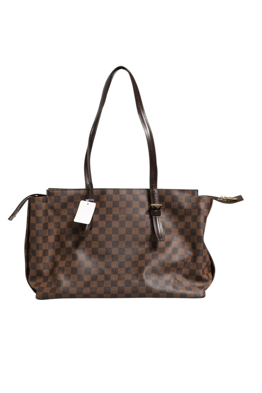 Sac Louis Vuitton Damier Ebene Chelsea Tote en cuir avec motifs en damier, porté avec poignées en cuir et fermeture métallique.