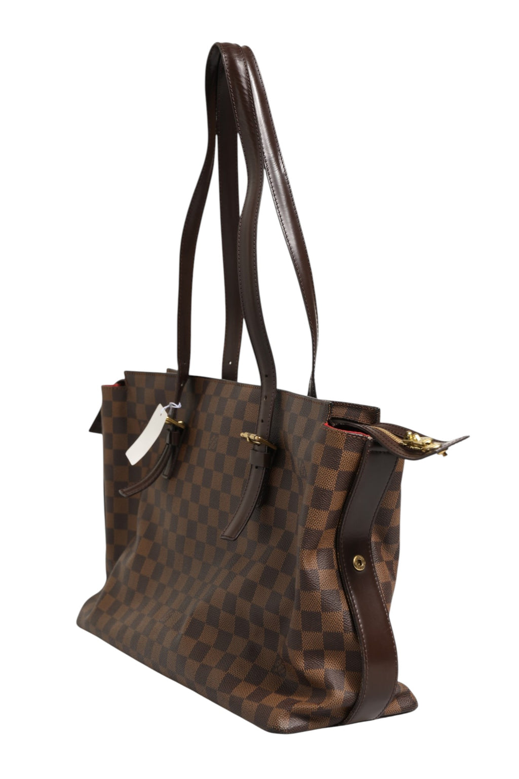 Sac cabas Louis Vuitton Chelsea en toile Damier Ebene avec poignées en cuir marron et logo LV visible.