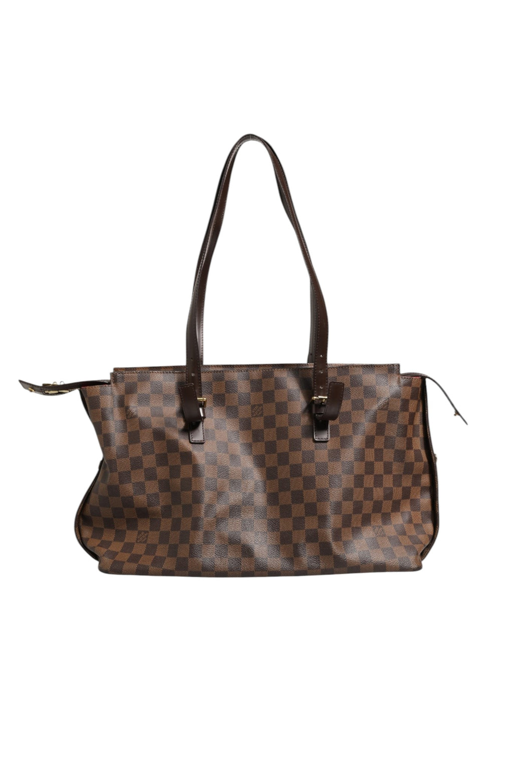 Sac Louis Vuitton Damier Ebene Chelsea Tote en toile à motif damier, avec poignées en cuir et fermeture métallique visible.