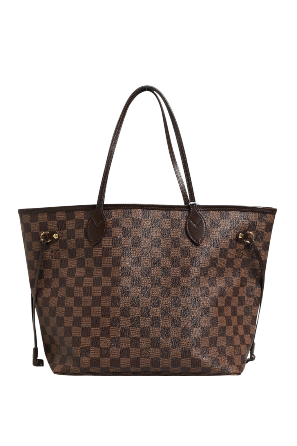 Sac Louis Vuitton Neverfull MM Damier Ebene, grand sac à main en toile à motif carreaux, avec poignées en cuir.