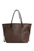 Sac Louis Vuitton Neverfull MM Damier Ebene, grand sac à main en toile à motif carreaux, avec poignées en cuir.