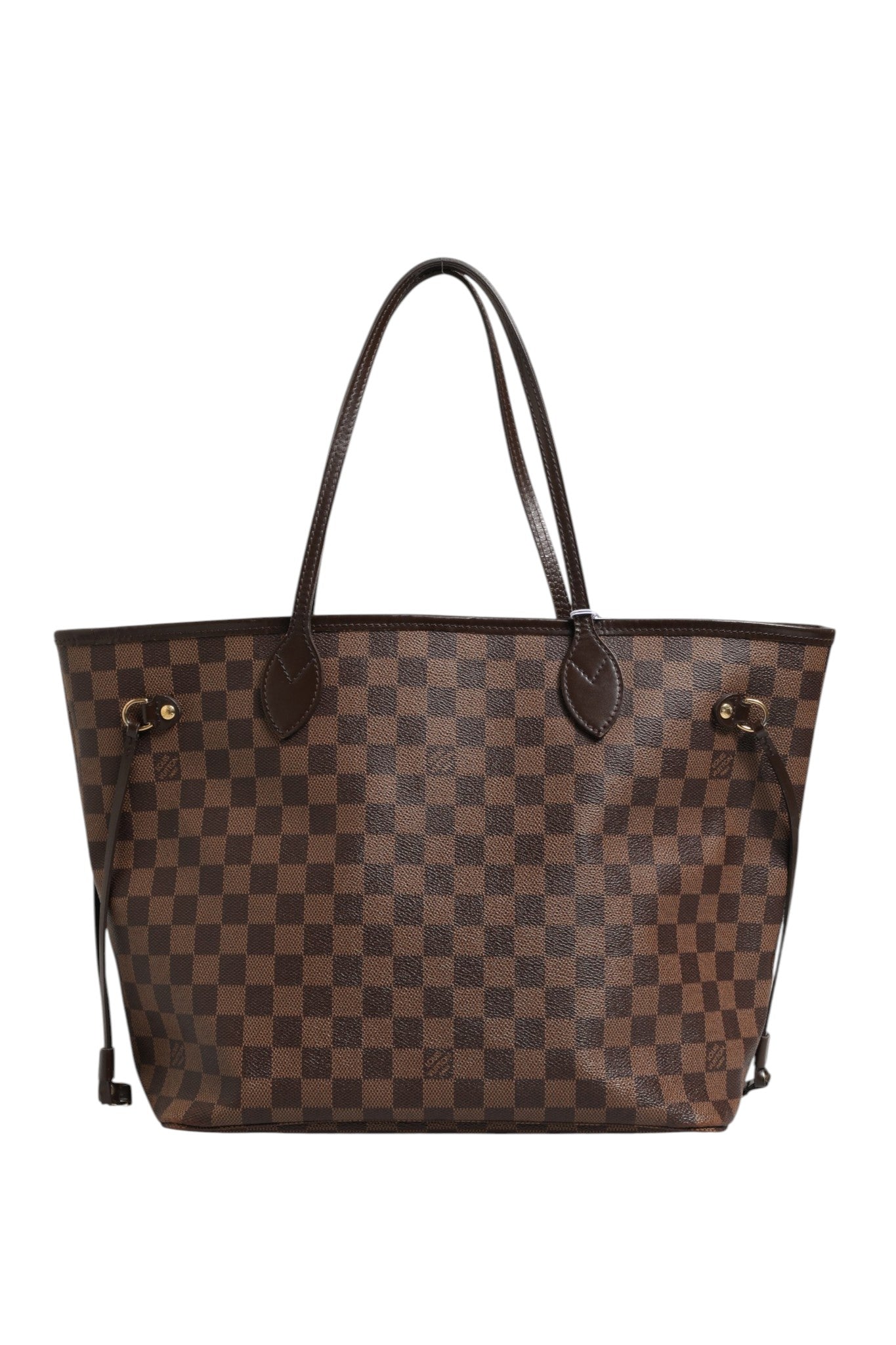 Sac Louis Vuitton Neverfull MM Damier Ebene, grand sac à main en toile à motif carreaux, avec poignées en cuir.