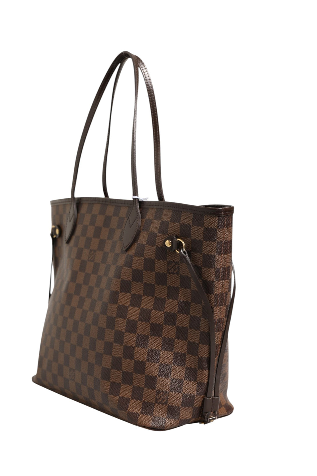 Sac cabas Louis Vuitton Neverfull MM en toile Damier Ebene avec poignées en cuir naturel, vue de face.