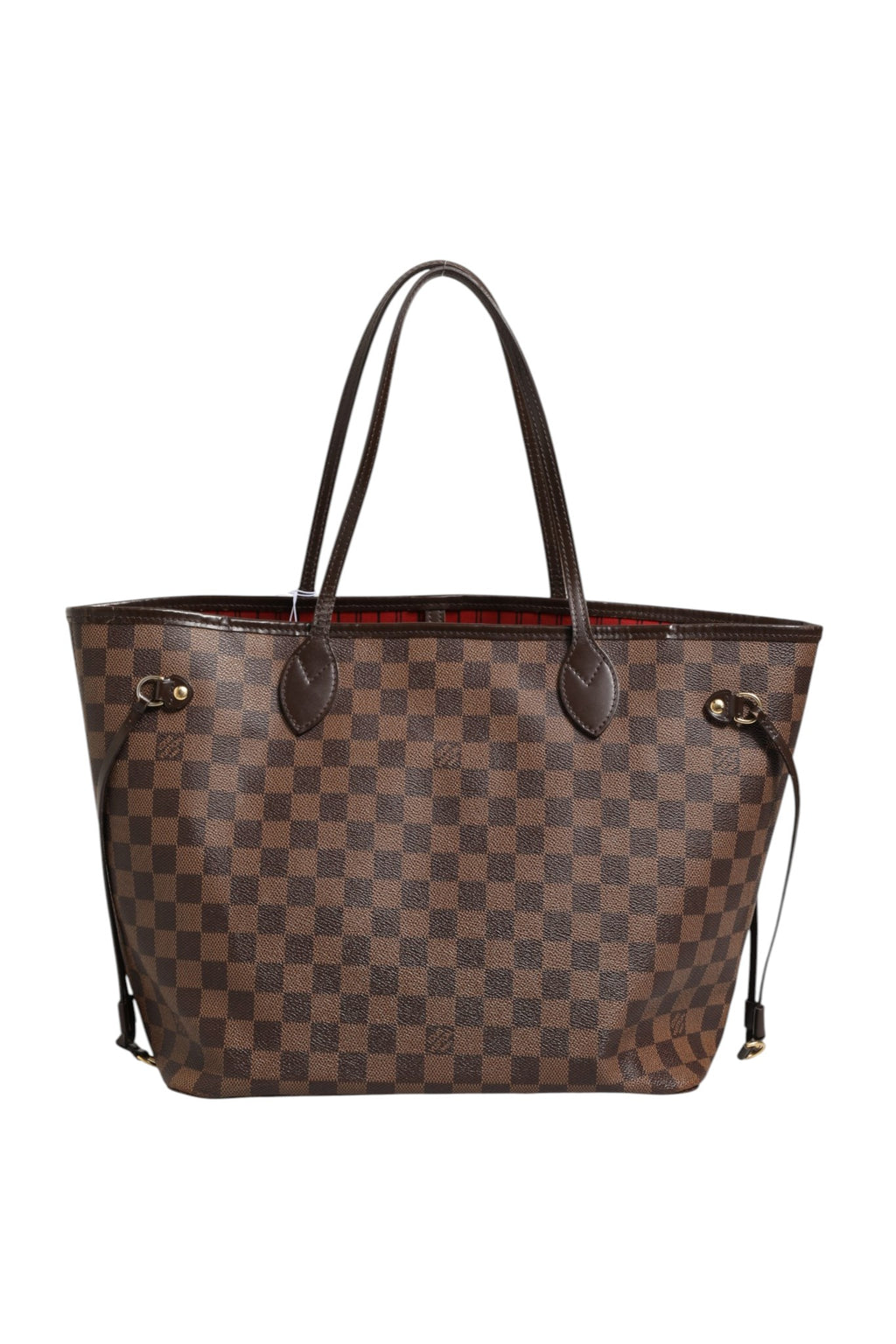 Sac Louis Vuitton Neverfull MM Damier Ebene en toile à motif carreaux, grand sac cabas avec poignées en cuir.