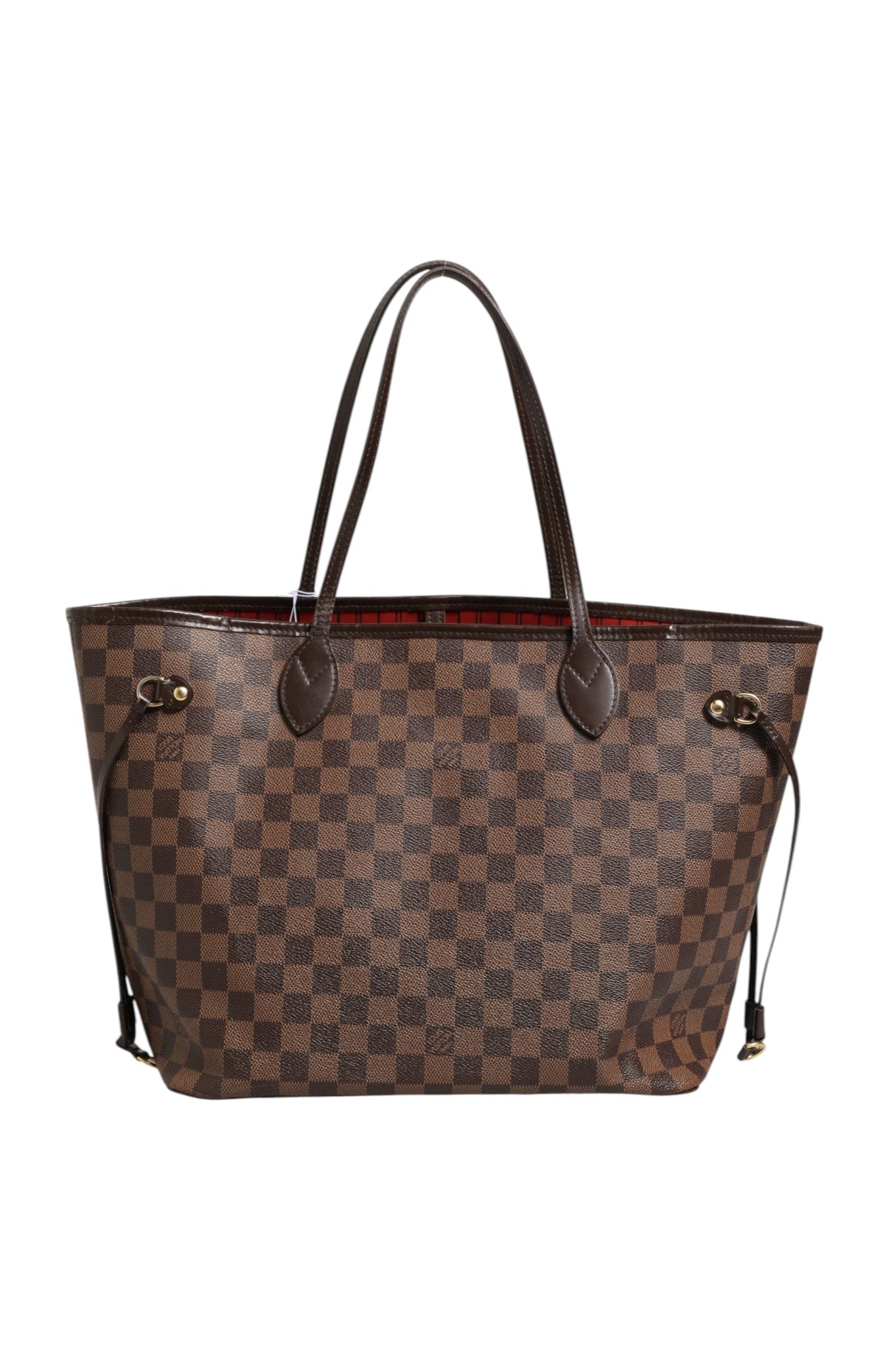 Sac Louis Vuitton Neverfull MM Damier Ebene en toile à motif carreaux, grand sac cabas avec poignées en cuir.
