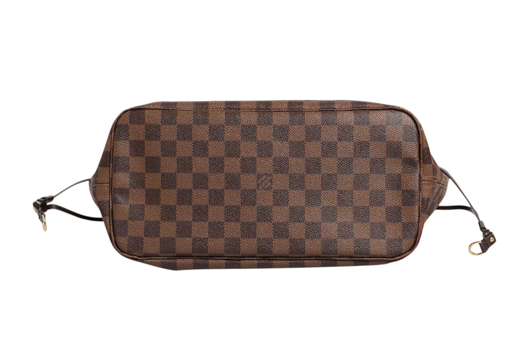 Sac tote Louis Vuitton Neverfull MM Damier Ebene avec bandoulière, intérieur spacieux et motif à damier brun foncé.