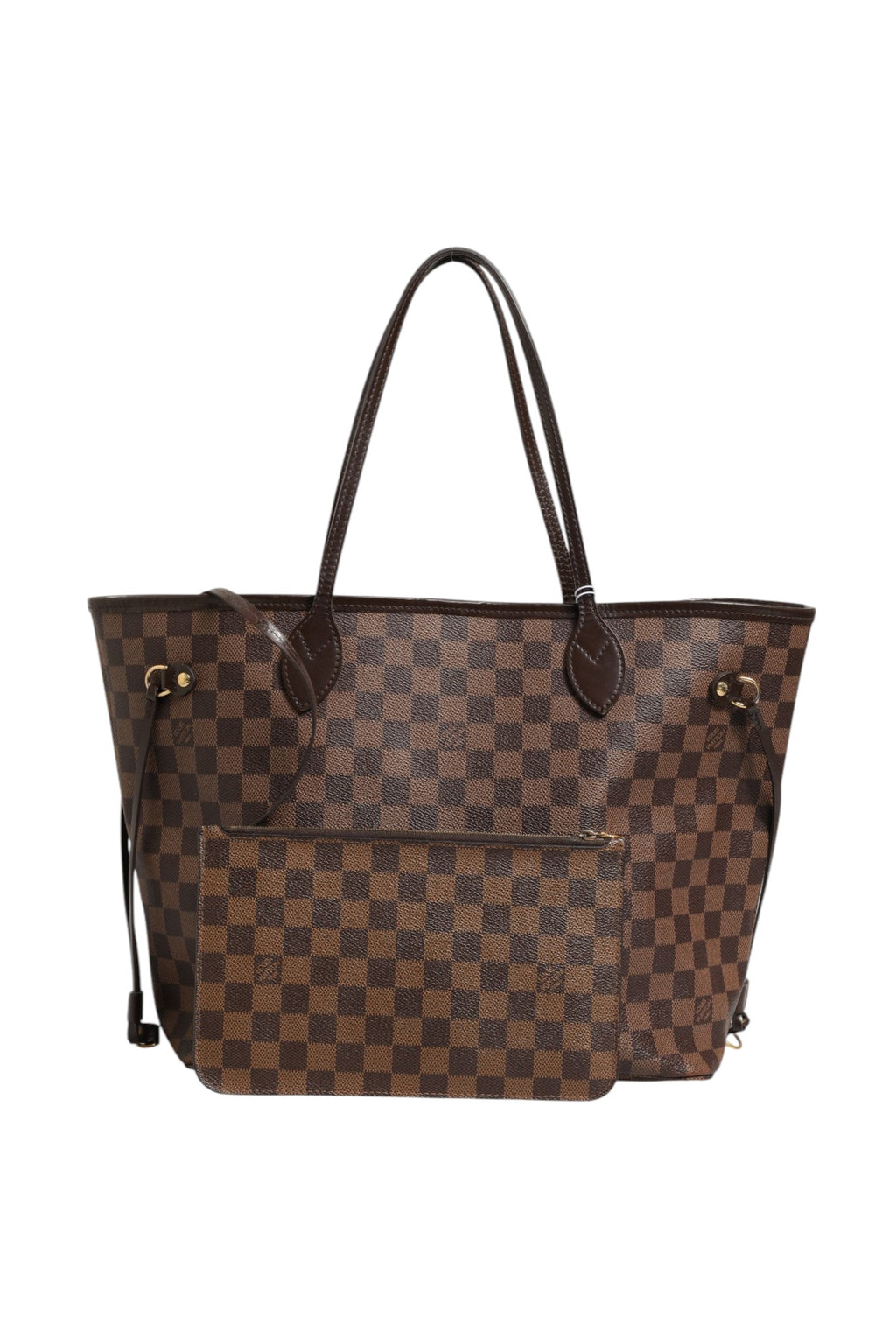 Sac Louis Vuitton Neverfull MM Damier Ebene, grand sac à main en toile à motif Damier avec poignées en cuir.