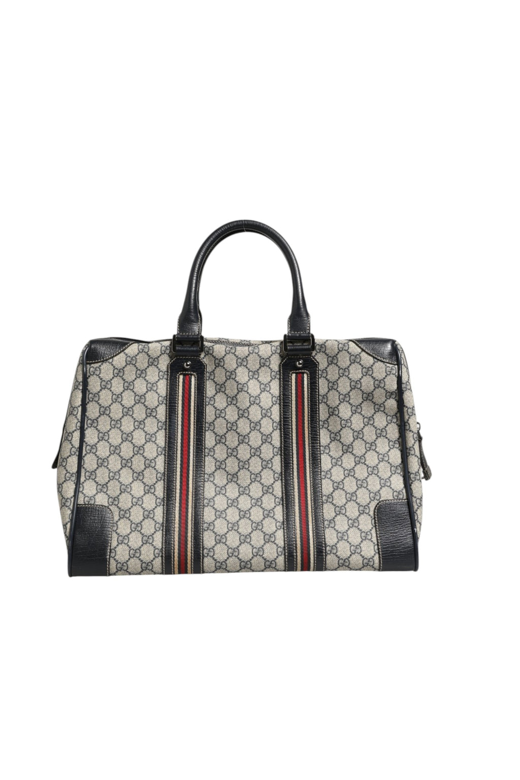 Sac Gucci GG Supreme Boston avec poignée en cuir, motif monogramme, grand compartiment intérieur, idéal pour le voyage et le quotidien.